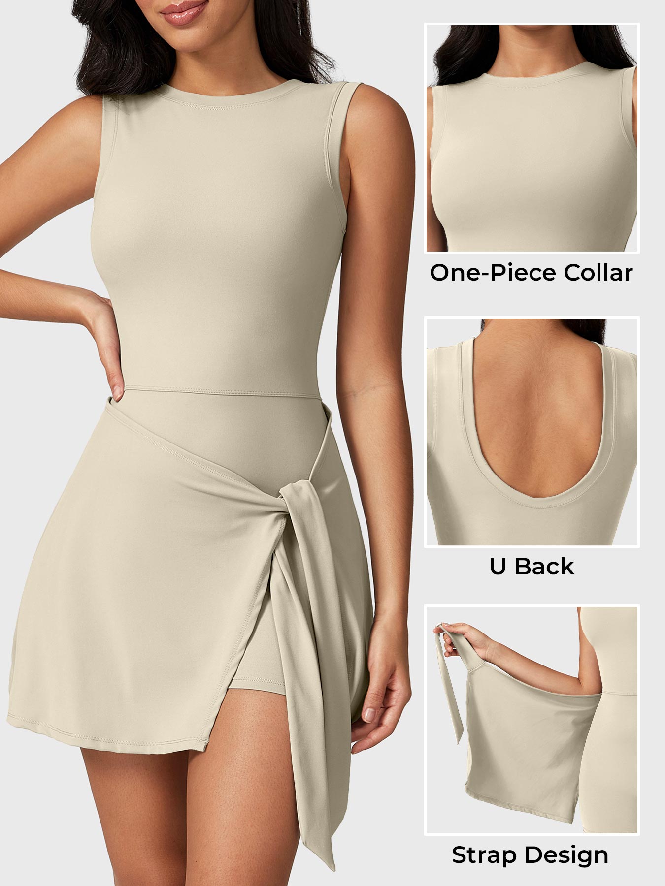 Detail view of Yeoreo Renee Sleeveless Tennis Dress in Light Khaki – close-up of boat neckline, U-back, and tie waist