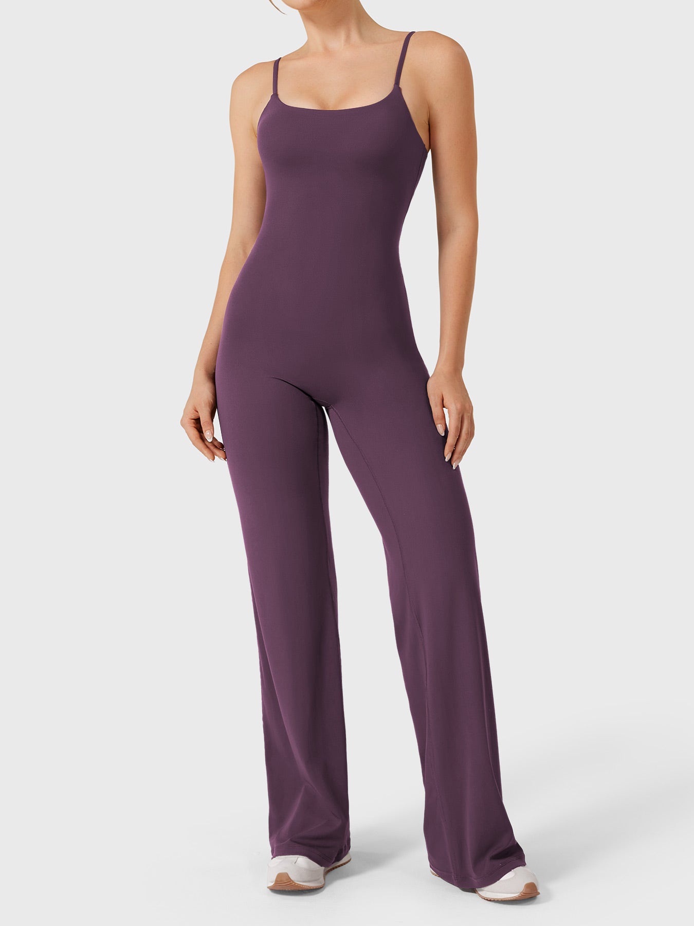 Dagyane Straight Leg Jumpsuit in black berry, front view standing, square neckline, seamless front, straight leg silhouette