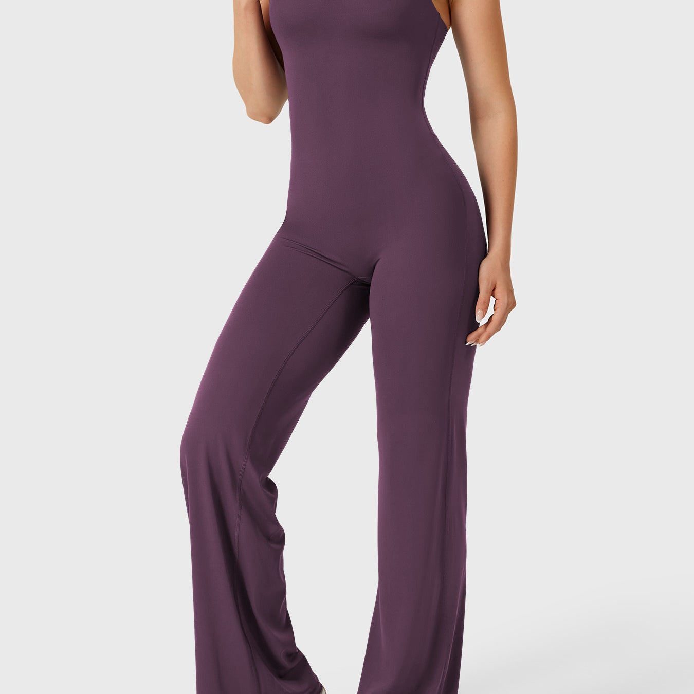 Dagyane Straight Leg Jumpsuit in black berry, angled front pose, smooth tummy fit, flattering leg line, clean silhouette