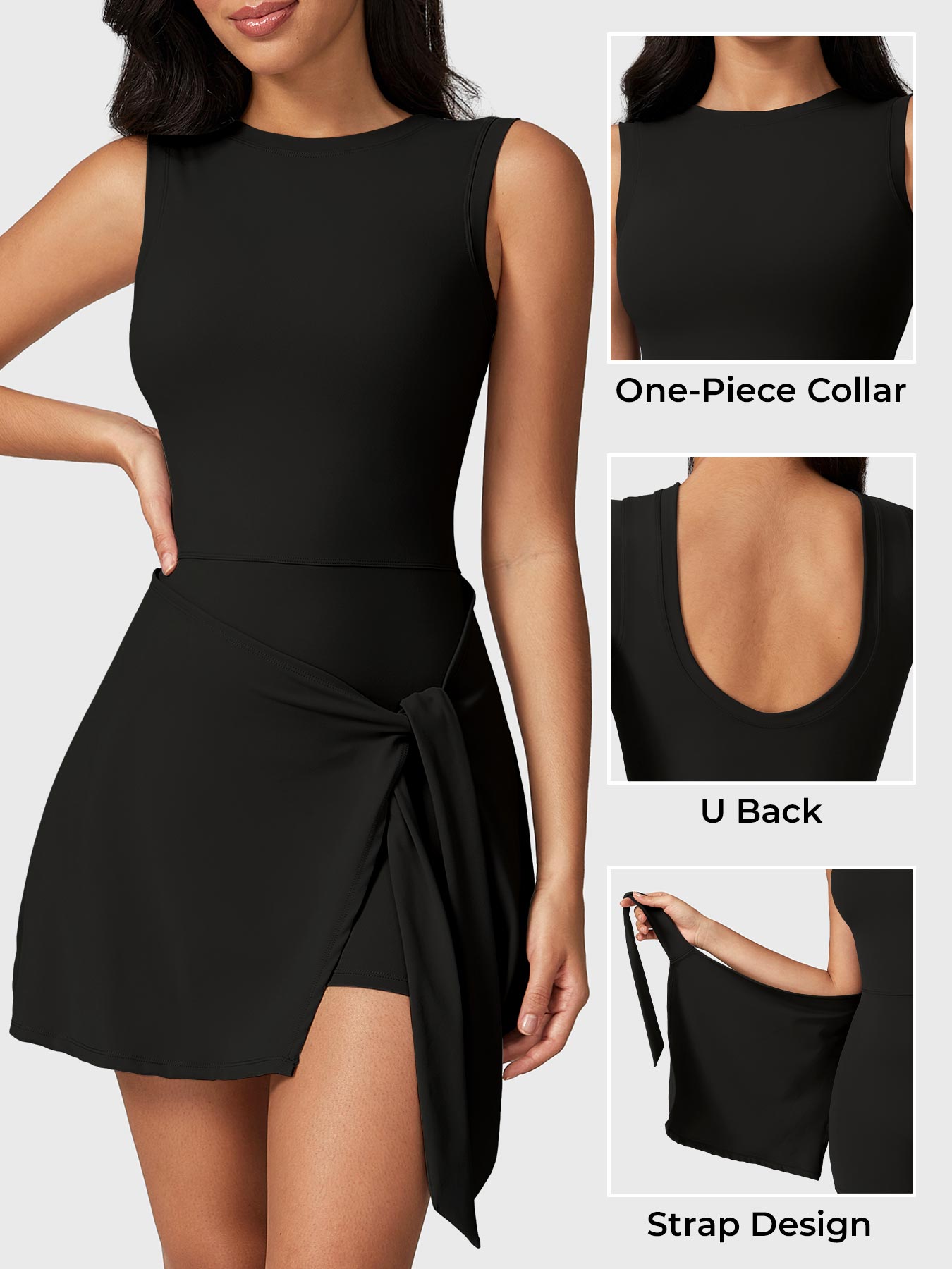 Detail view of Yeoreo Renee Sleeveless Tennis Dress in Black – close-up of boat neckline, U-back, and tie waist