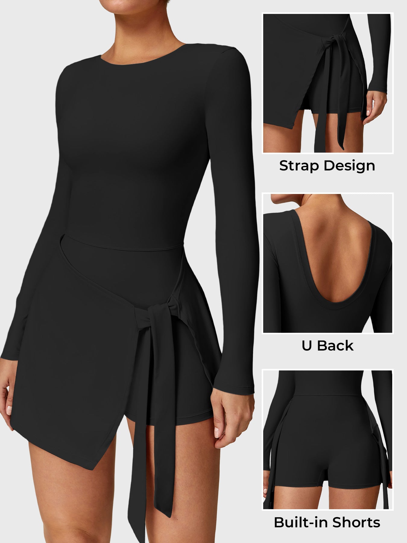 Side-front of Yeoreo Renee Long Sleeve Tennis Dress in Black, with displaying strap, U-back, and built-in shorts design