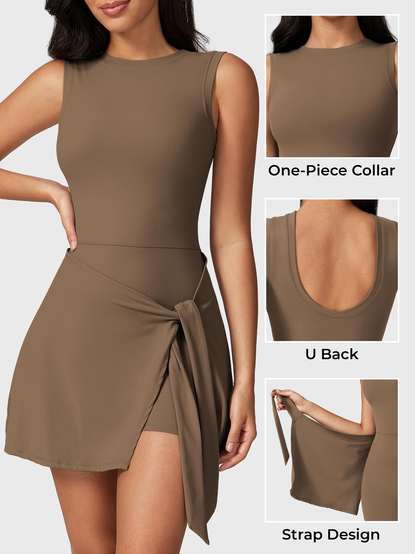Detail view of Yeoreo Renee Sleeveless Tennis Dress in Brown – close-up of boat neckline, U-back, and tie waist