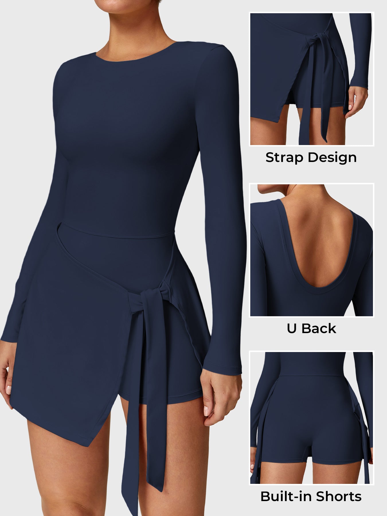 Side-front of Yeoreo Renee Long Sleeve Tennis Dress in deep blue, with displaying strap, U-back, and built-in shorts design