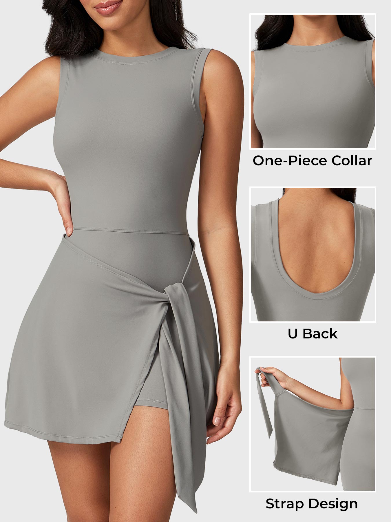 Detail view of Yeoreo Renee Sleeveless Tennis Dress in Grey – close-up of boat neckline, U-back, and tie waist