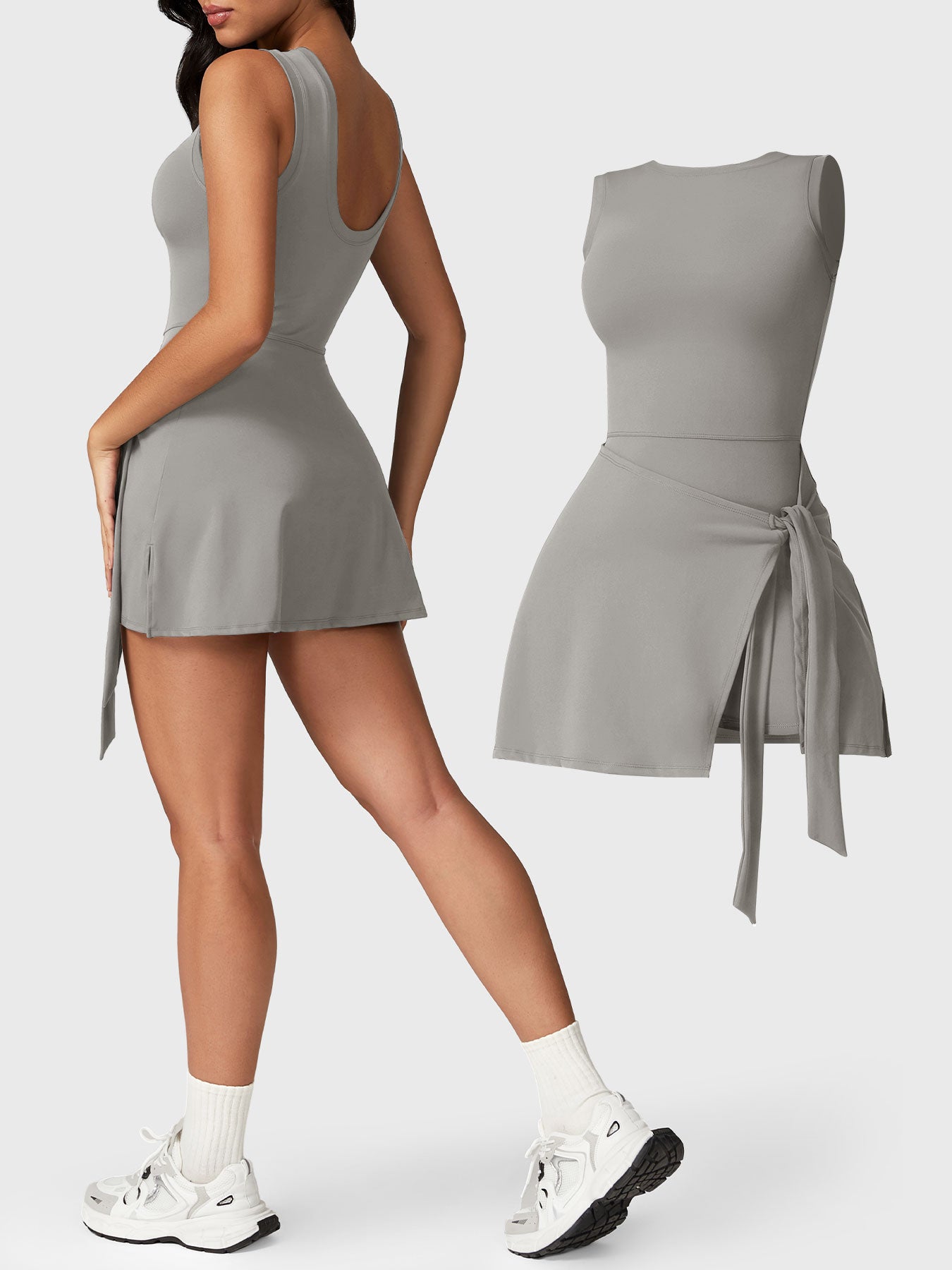 Side-back view and front 3D of Yeoreo Renee Sleeveless Tennis Dress in Grey– showcasing fit