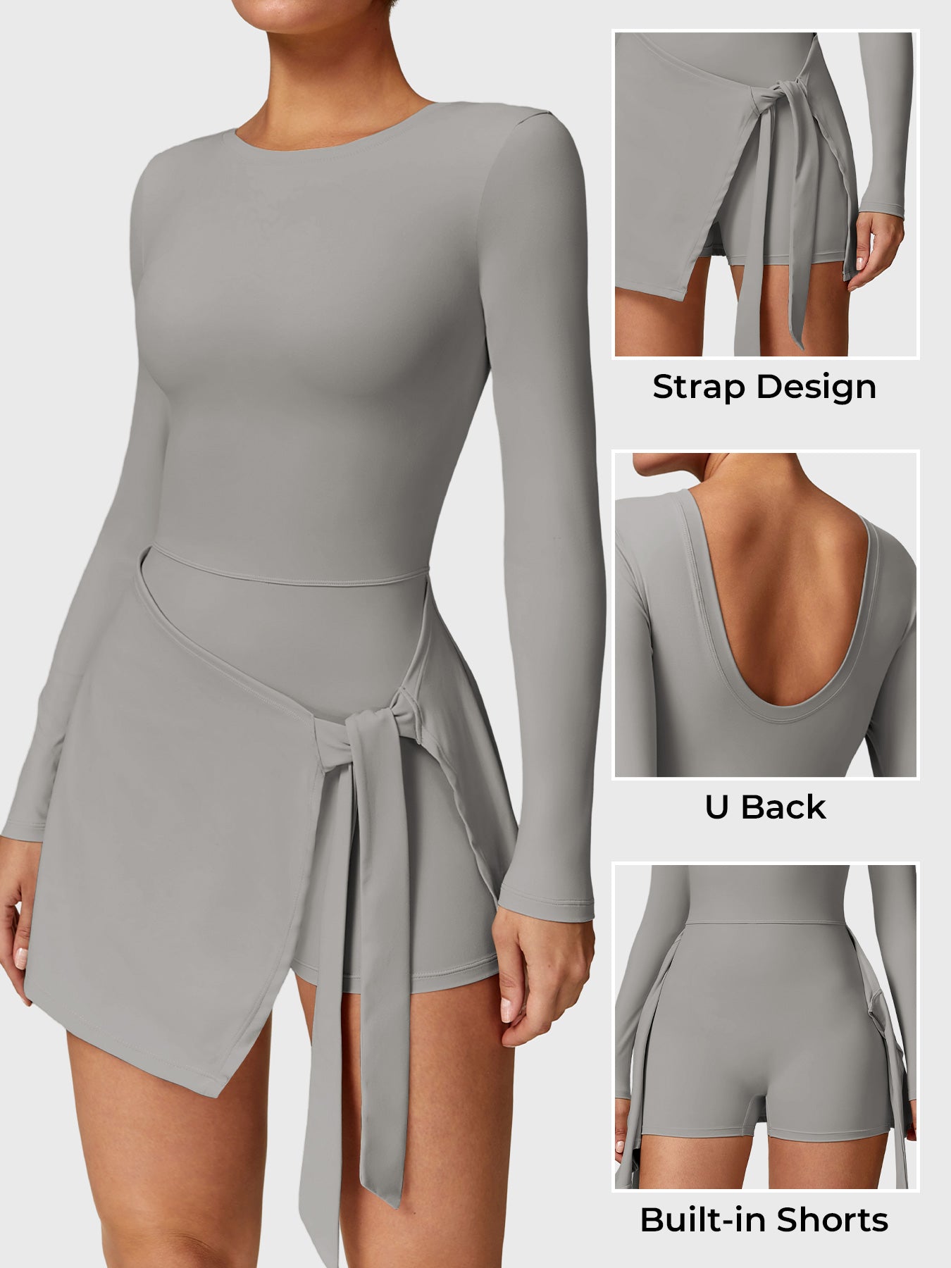 Side-front of Yeoreo Renee Long Sleeve Tennis Dress in grey, with displaying strap, U-back, and built-in shorts design