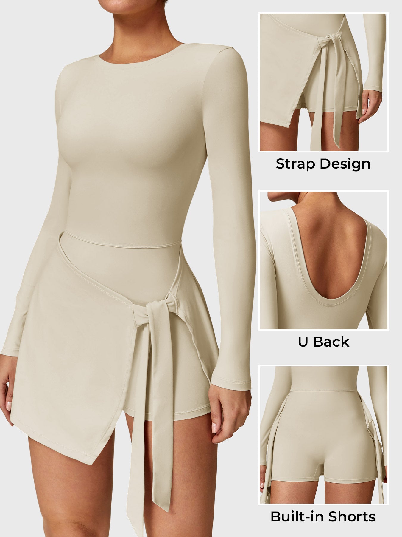 Side-front of Yeoreo Renee Long Sleeve Tennis Dress in Light Khaki, with displaying strap, U-back, and built-in shorts design