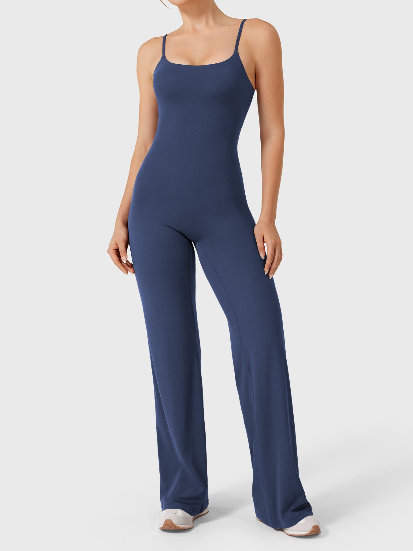 Dagyane Straight Leg Jumpsuit in navy, front view standing, square neckline, seamless front, straight leg pants fit