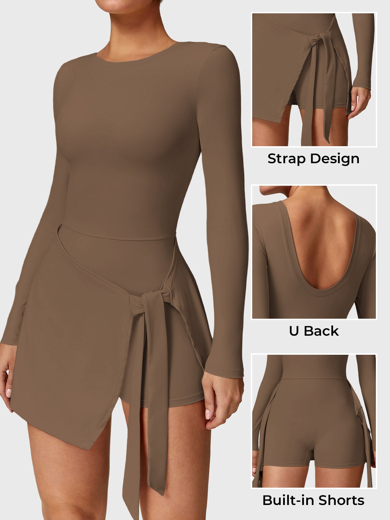 Side-front of Yeoreo Renee Long Sleeve Tennis Dress in brown, with displaying strap, U-back, and built-in shorts design