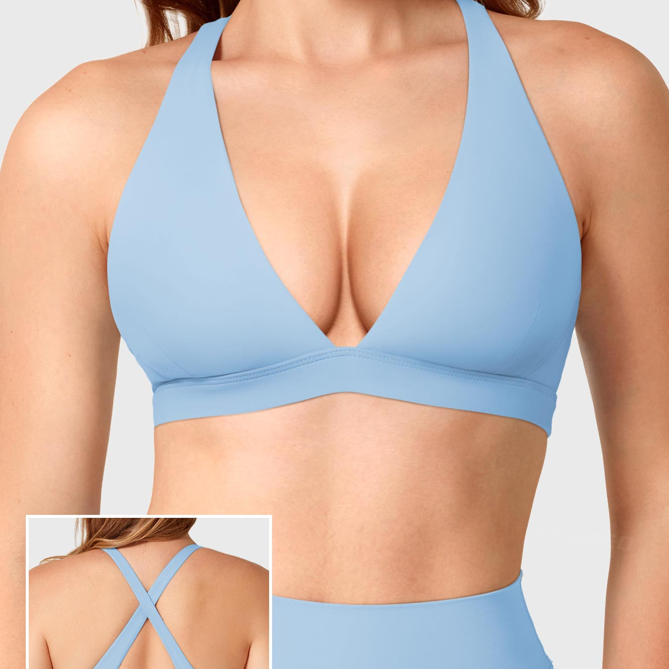 Airy Blue Yeoreo Wafiya cross back sports bra front view, plunge V-neck with elasticated underband shaping neckline