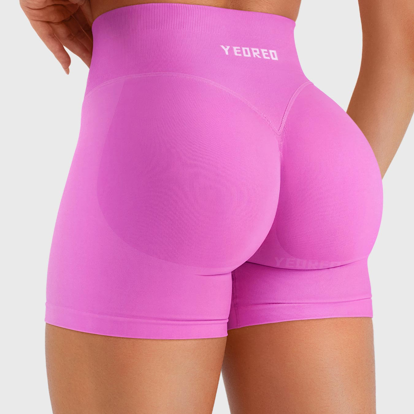 Flower Powder Baderiy 4.5" seamless shorts back angle, soft glute shaping with natural lifting effect