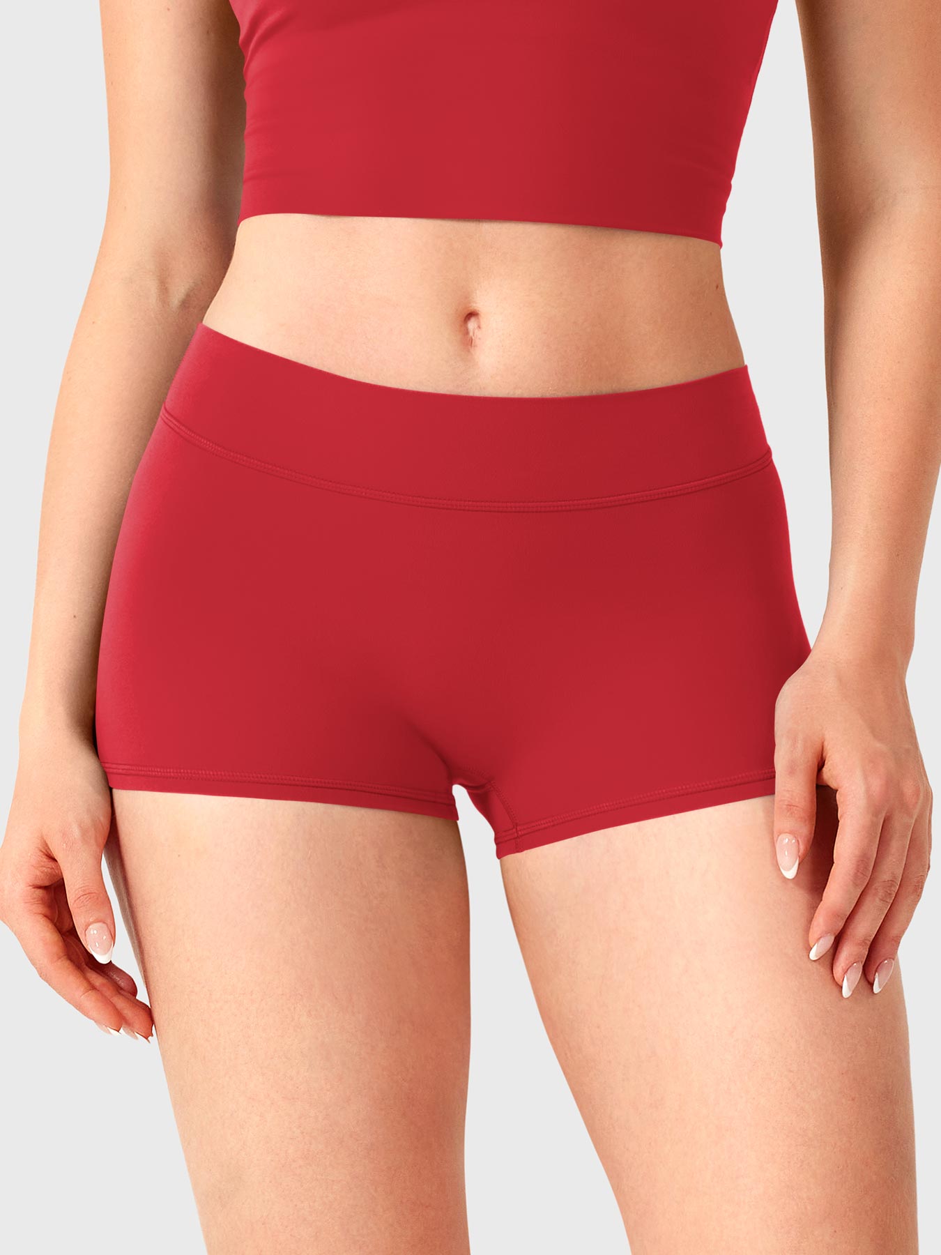 Red Yeoreo Zahida 2.5 inch inseam shorts front view, ultra low waist with smooth flat fit