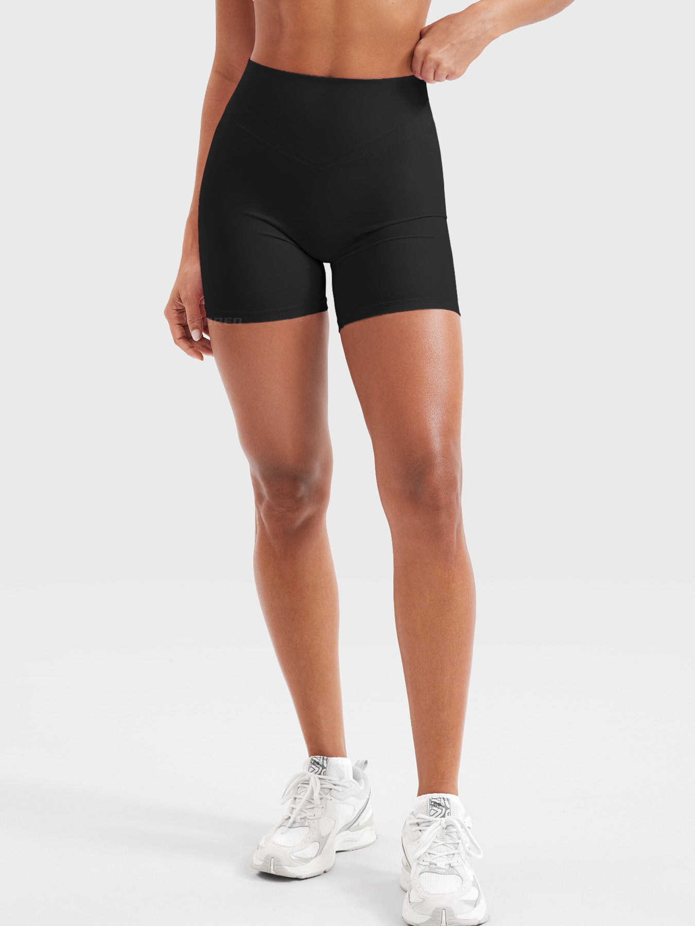 Full front view of Yeoreo Almiy High Waisted Workout Shorts in black – everyday comfort