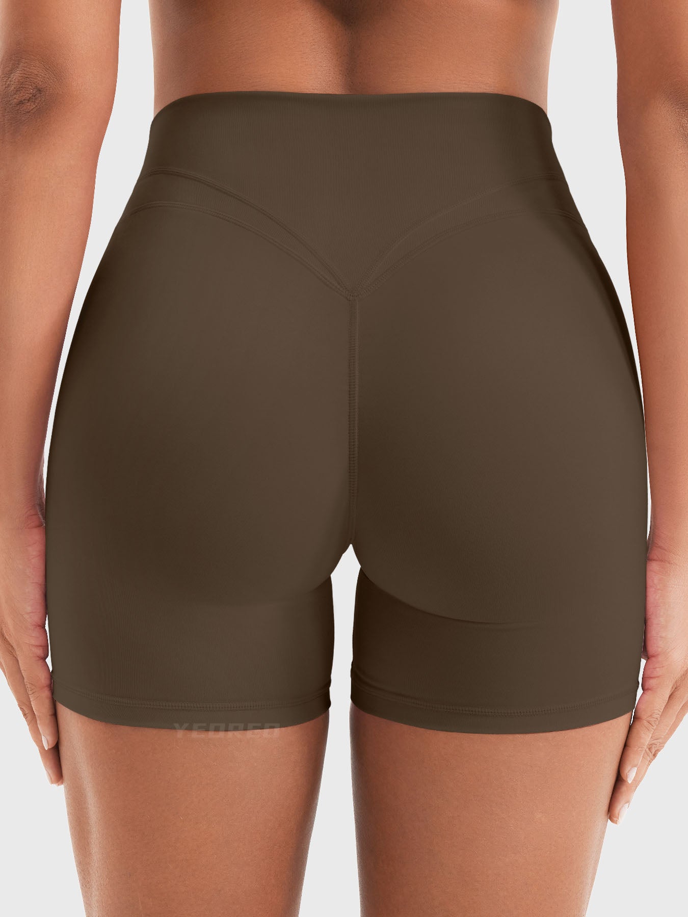 Back view of Yeoreo Almiy High Waisted Workout Shorts in Coffee – high waist and full peach-lift effect