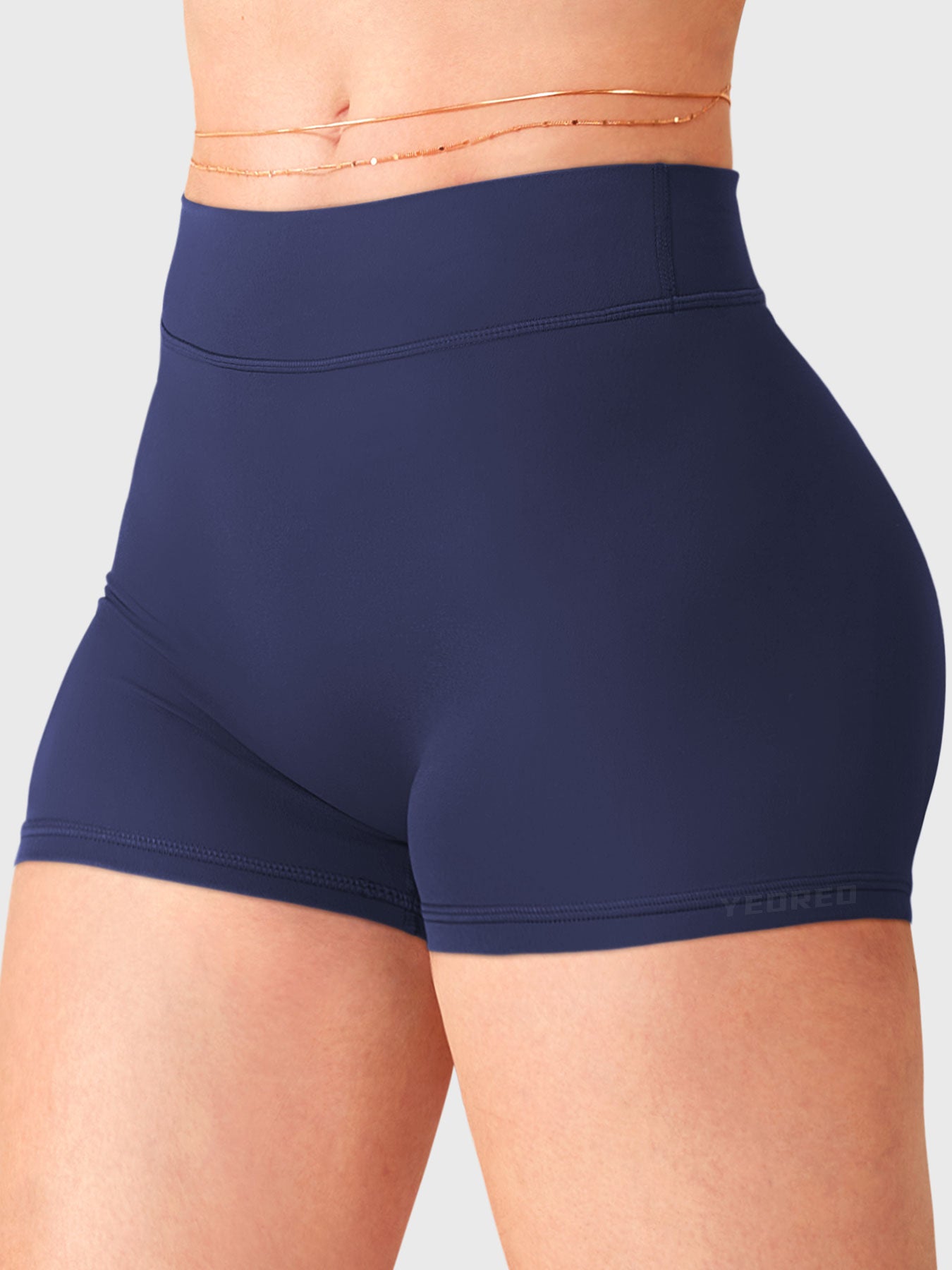 Dark Blue Yeoreo Zahida low rise shorts angled front view, double waistband with flat seamless front