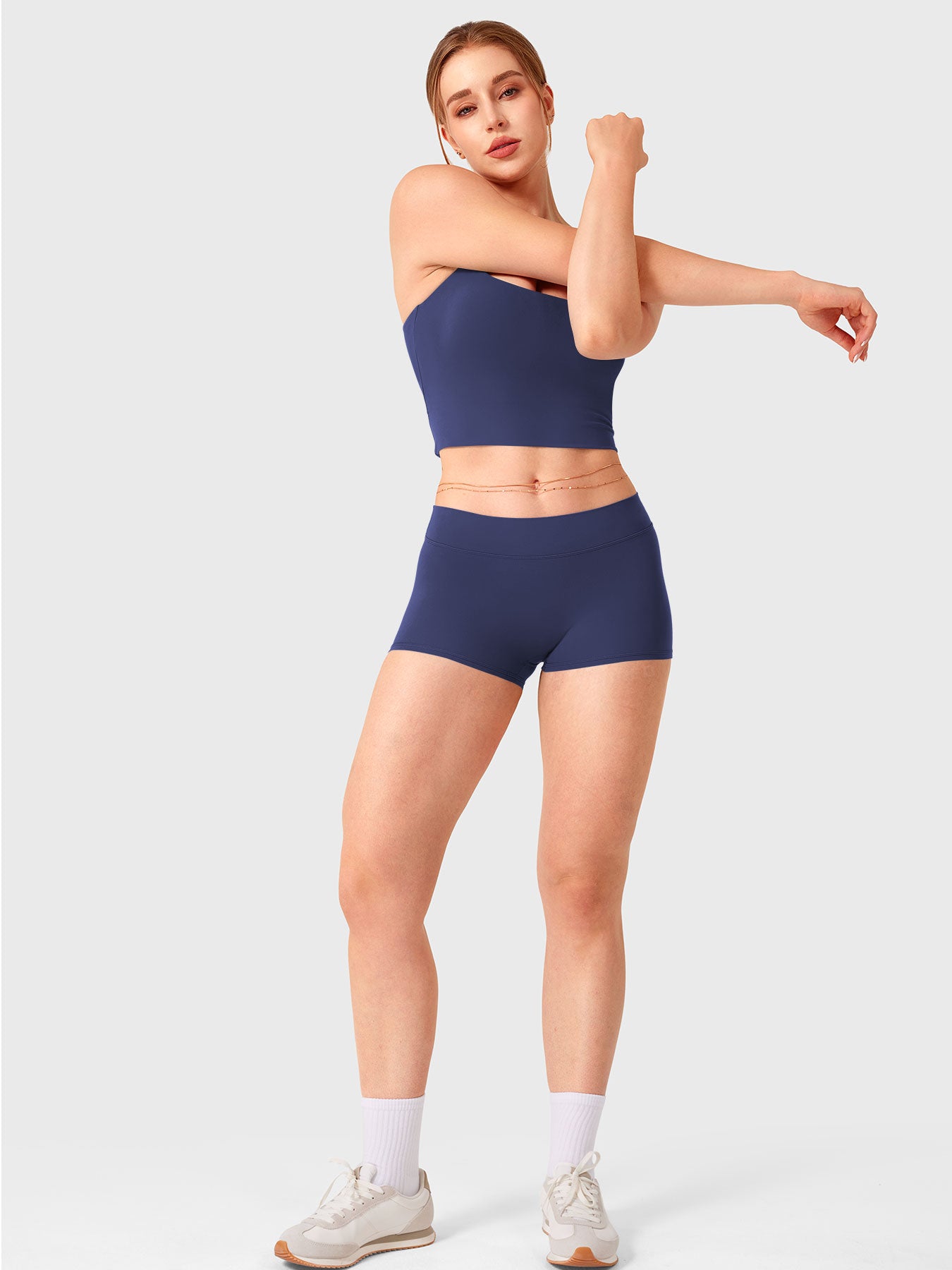 Dark Blue Yeoreo Zahida low rise shorts full body view with matching athletic tank, coordinated activewear set