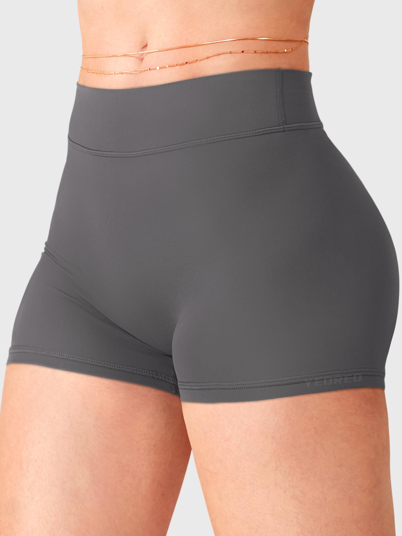 Dark Grey Yeoreo Zahida low rise shorts angled front view, double-layer waistband and smooth front finish