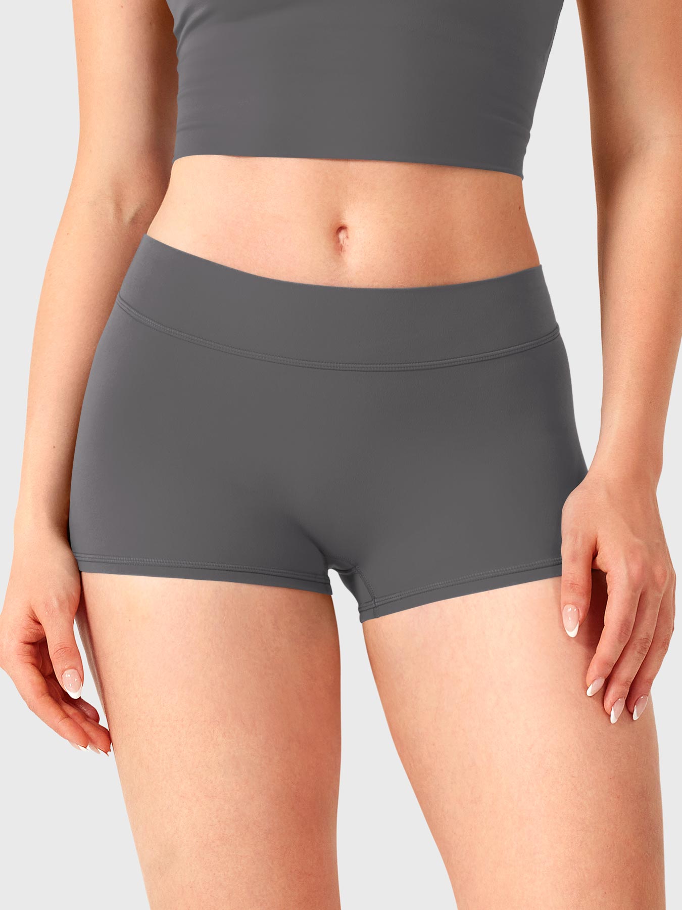 Dark Grey Yeoreo Zahida 2.5 inch inseam shorts front view, ultra low waist with streamlined fit