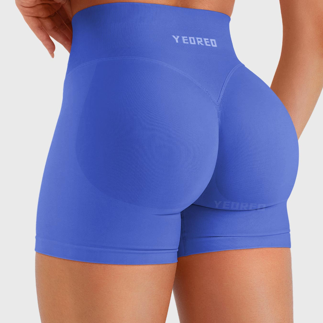 Electric Blue Baderiy 4.5" seamless shorts back angle, contoured glute design for natural lift