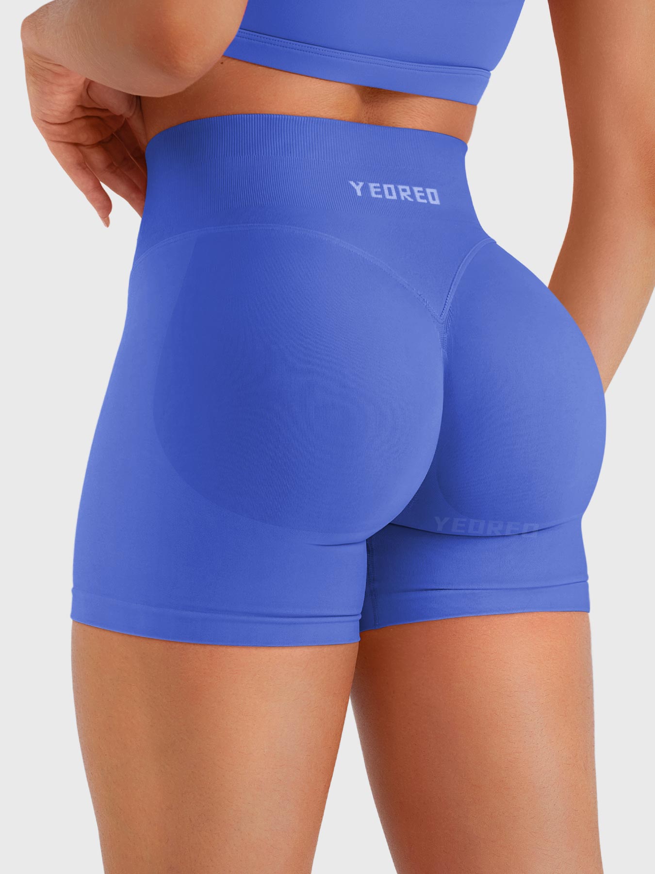 Electric Blue Baderiy 4.5" seamless shorts back angle, contoured glute design for natural lift