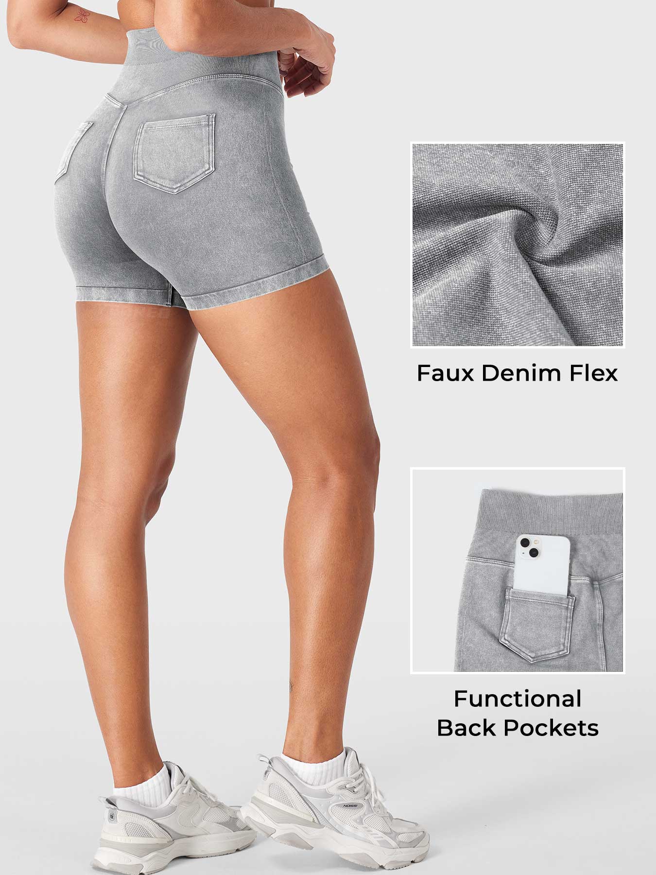 Full Side back view of Yeoreo Bridgie Faux Denim Seamless Shorts in light grey– vintage appearance