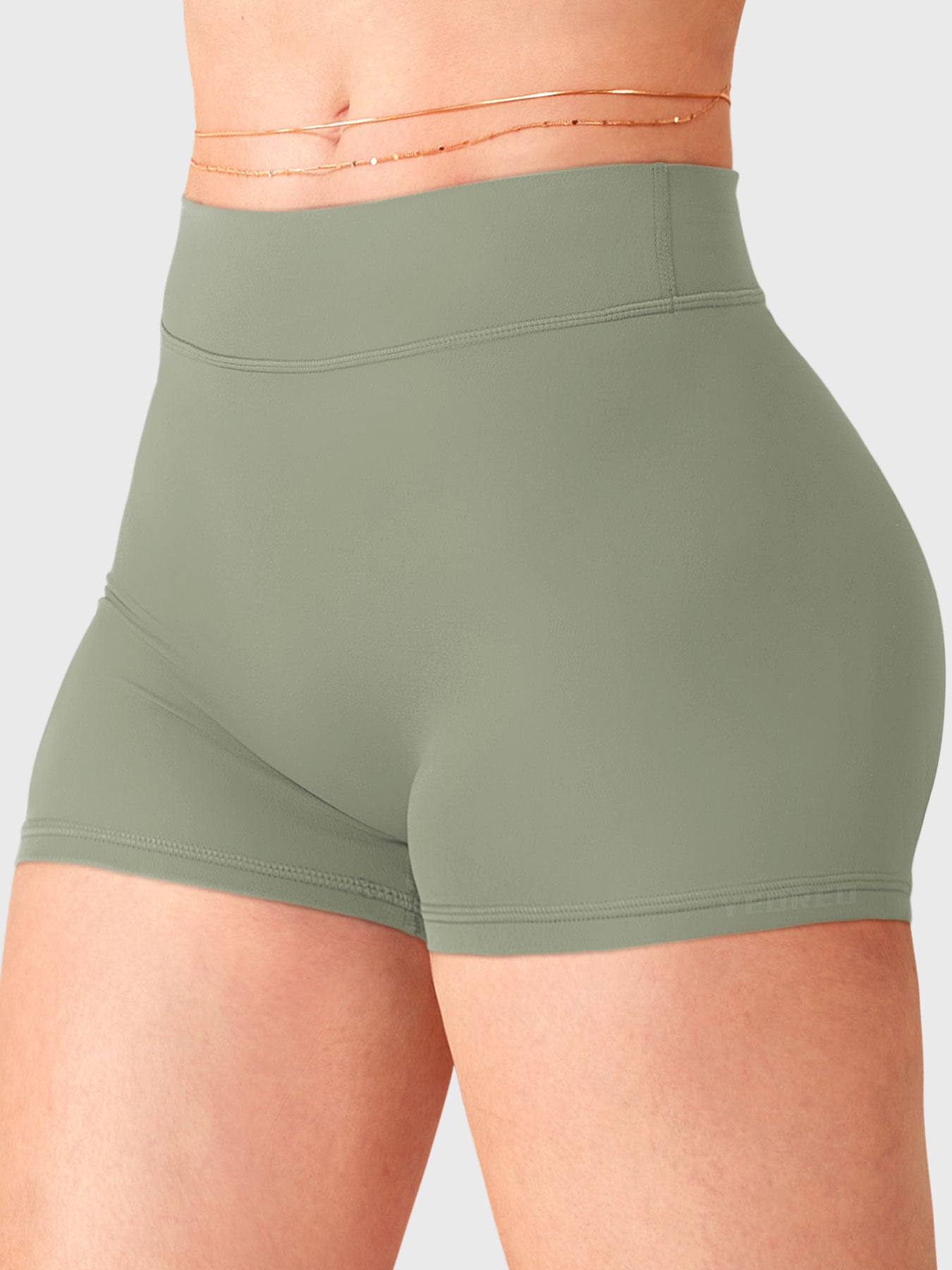 Grey Green Yeoreo Zahida low rise shorts angled front view, double waistband construction with no front seam