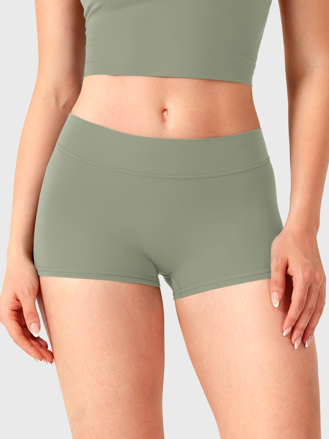 Grey Green Yeoreo Zahida 2.5 inch inseam shorts front view, flattering ultra low rise silhouette