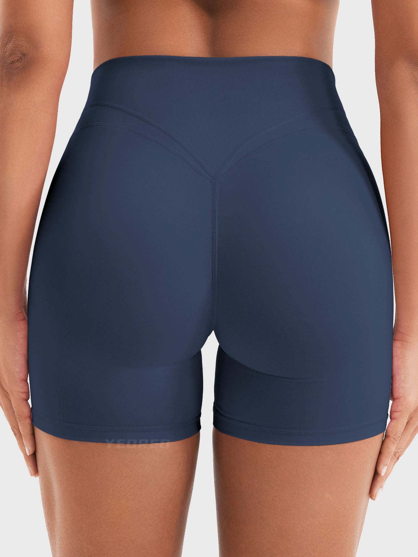 Back view of Yeoreo Almiy High Waisted Workout Shorts in Navy – high waist and full peach-lift effect
