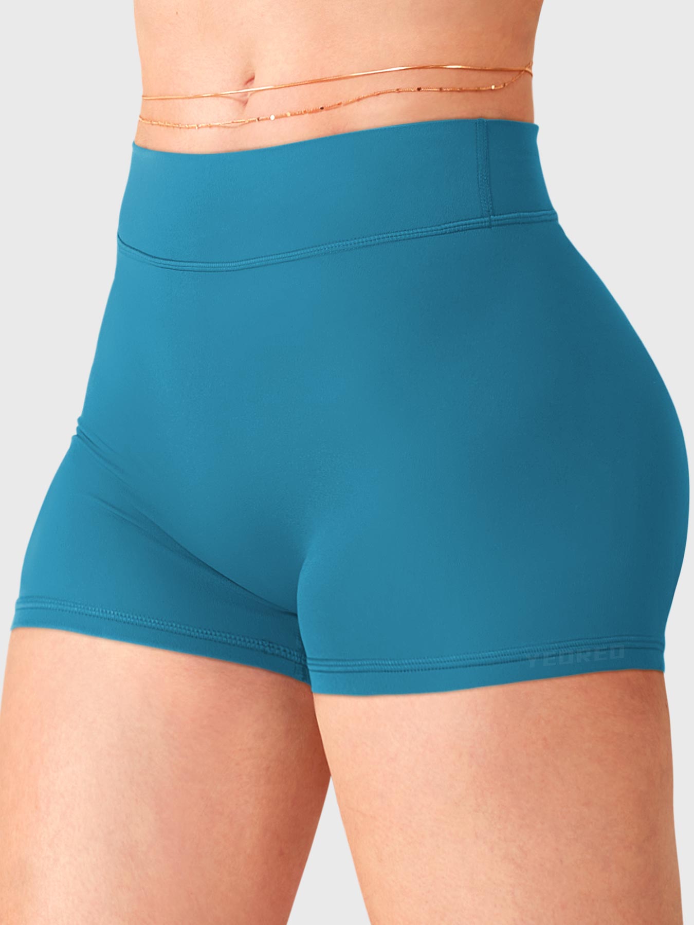 Marine Blue Yeoreo Zahida low rise shorts angled front view, double-layer waistband with smooth front panel
