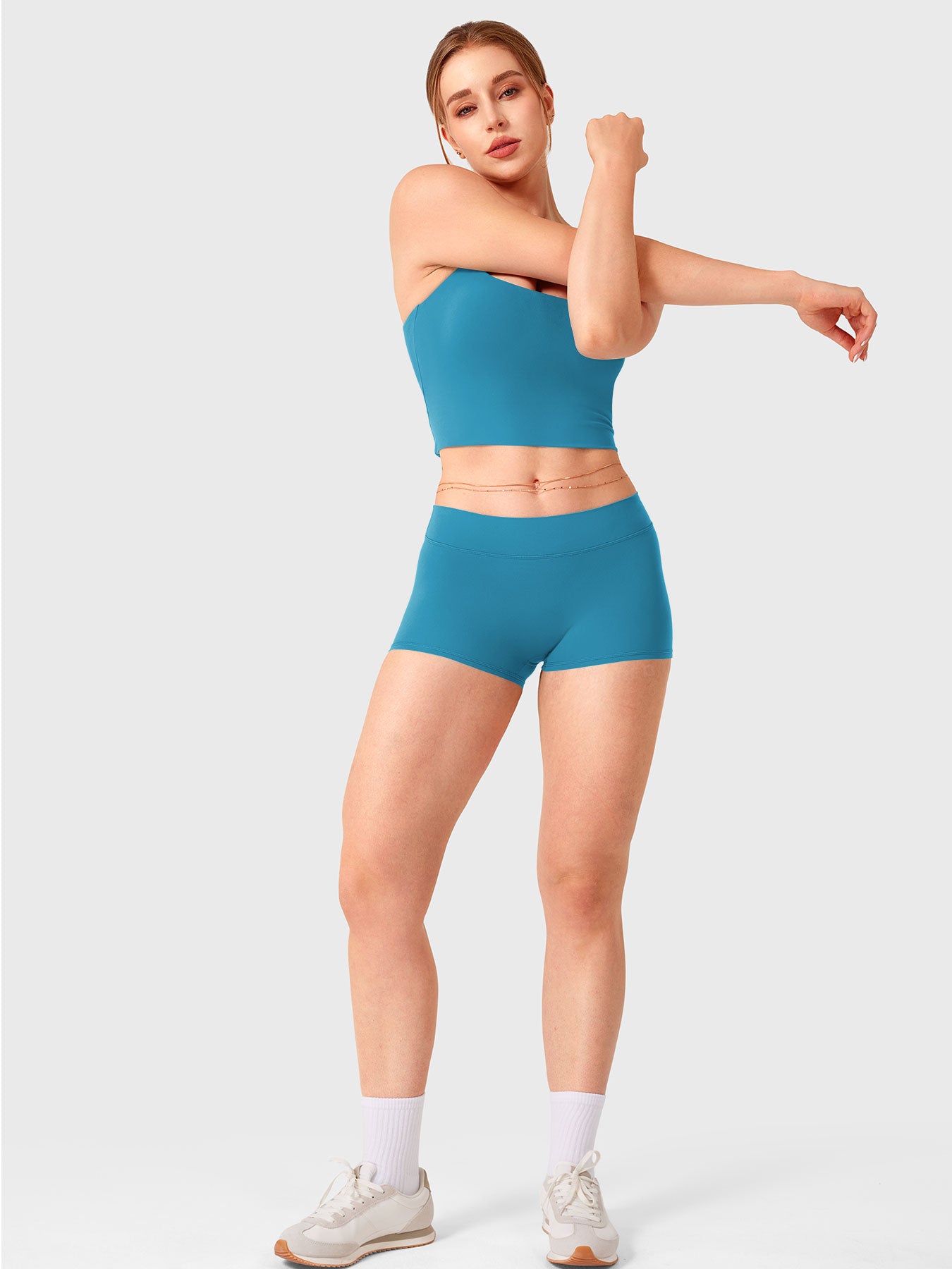 Marine Blue Yeoreo Zahida low rise shorts full body view styled with coordinated sports tank