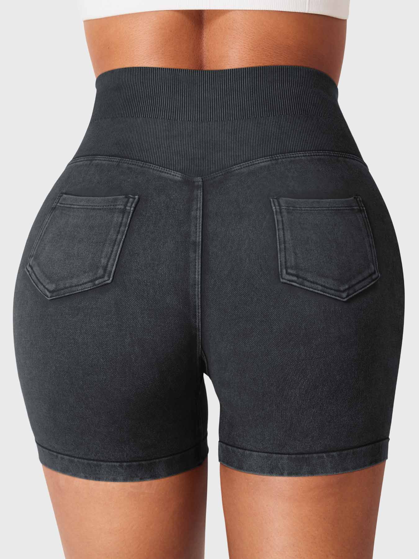 Back view of Yeoreo Bridgie Faux Denim Seamless Shorts in black– cargo pockets and full peach-lift effect