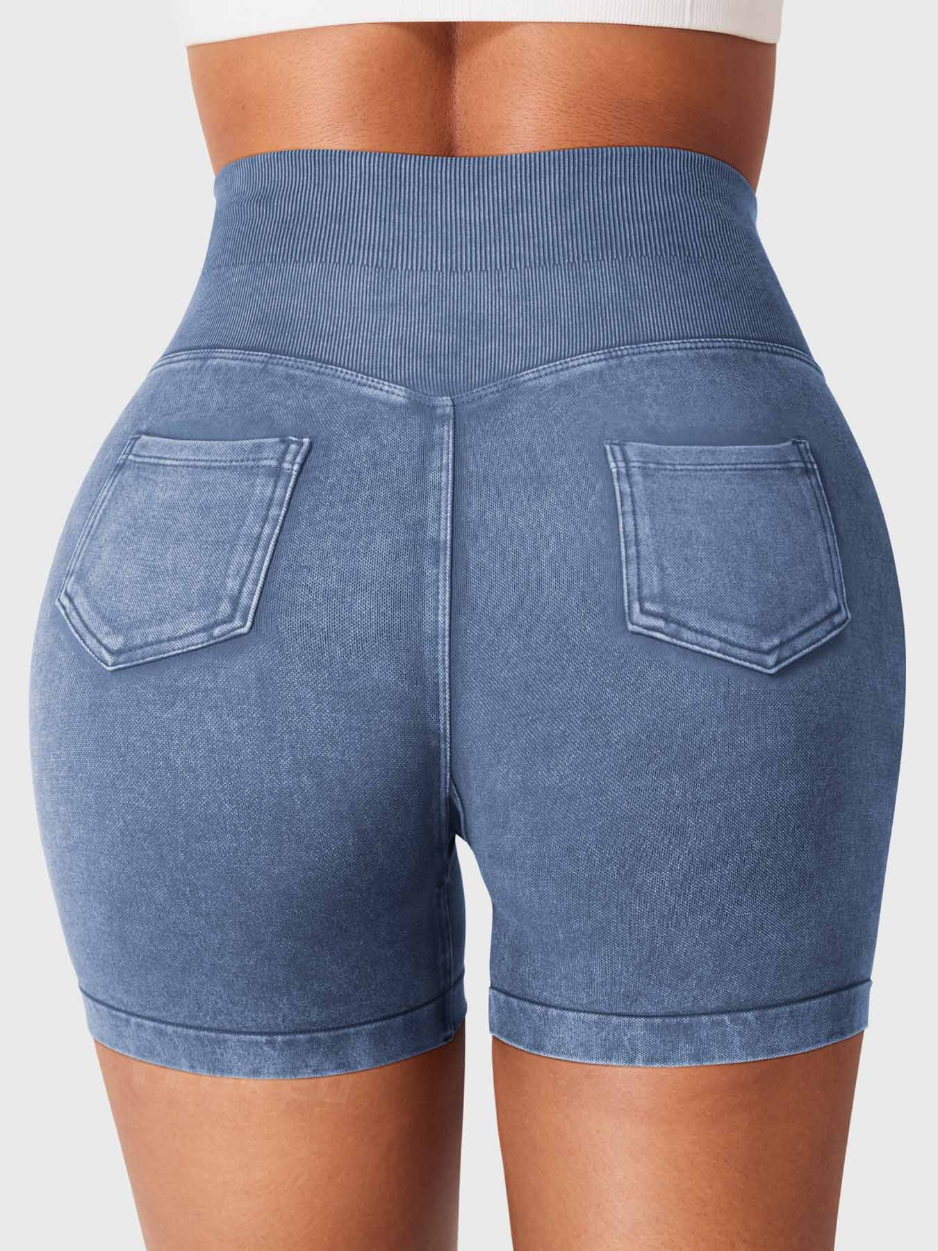 Back view of Yeoreo Bridgie Faux Denim Seamless Shorts in Dark Blue – cargo pockets and full peach-lift effect