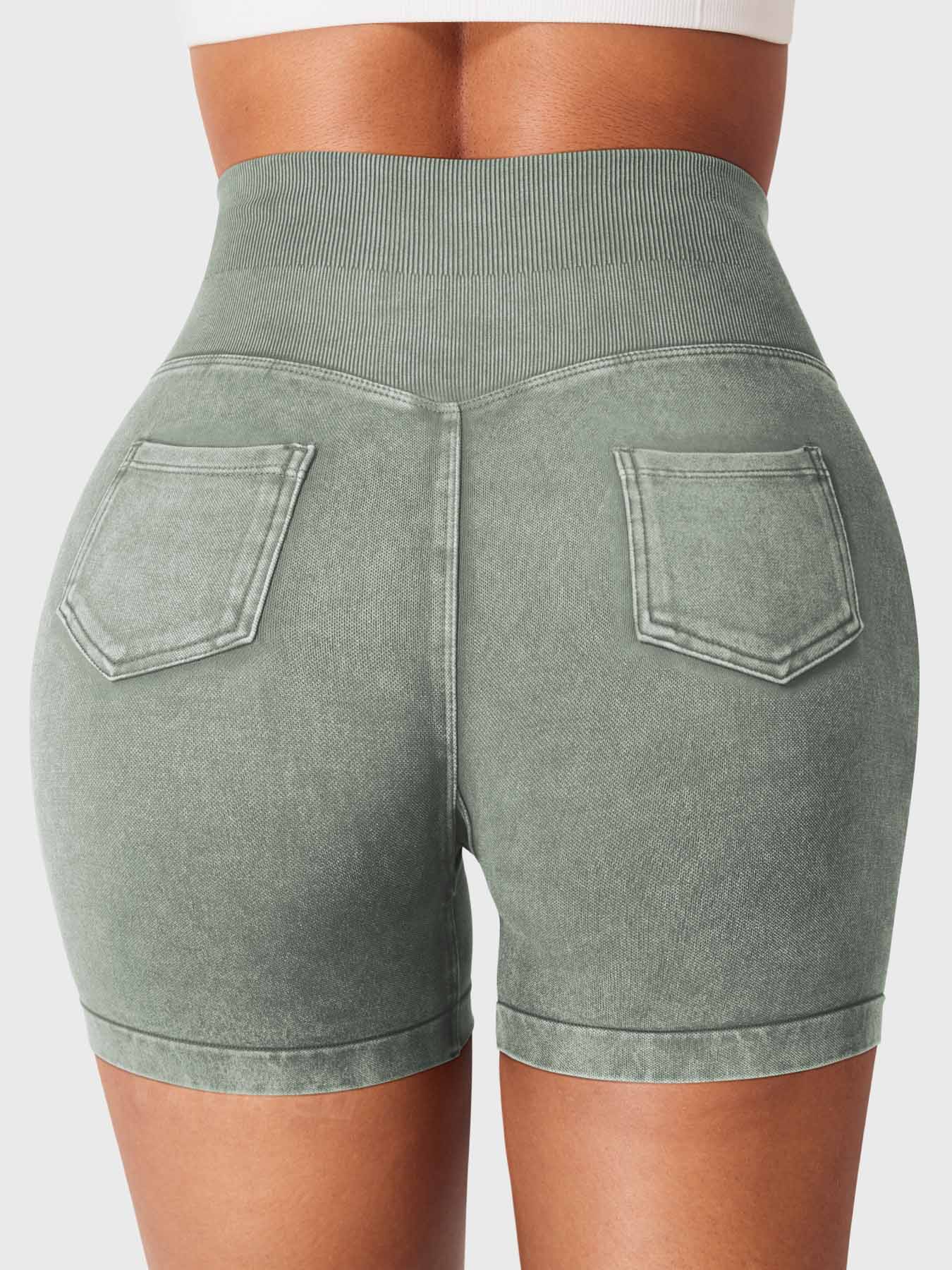 Back view of Yeoreo Bridgie Faux Denim Seamless Shorts in Khaki– cargo pockets and full peach-lift effect