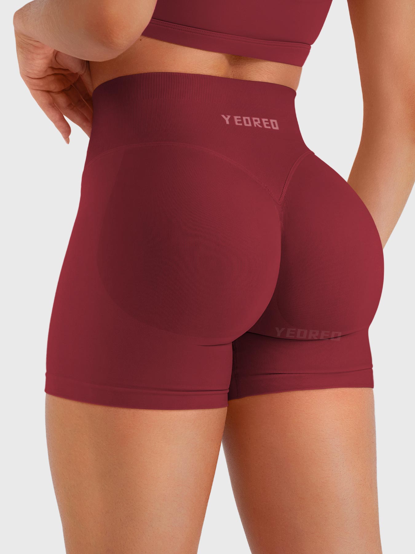 Scarlett Red Baderiy 4.5" seamless shorts back view, subtle glute contour with natural butt lift design