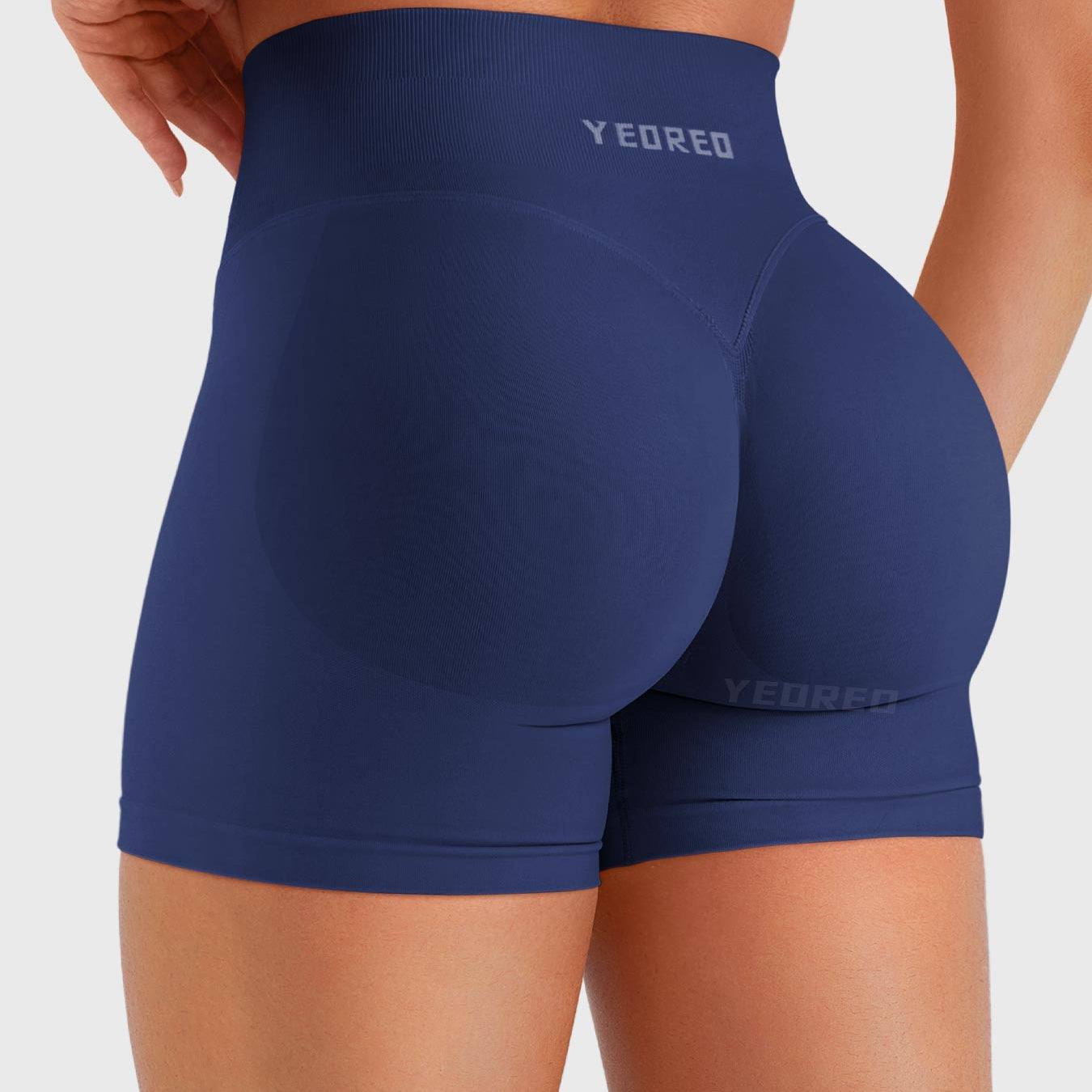 Dark Blue Baderiy 4.5" seamless shorts back view, subtle glute shaping for a lifted look