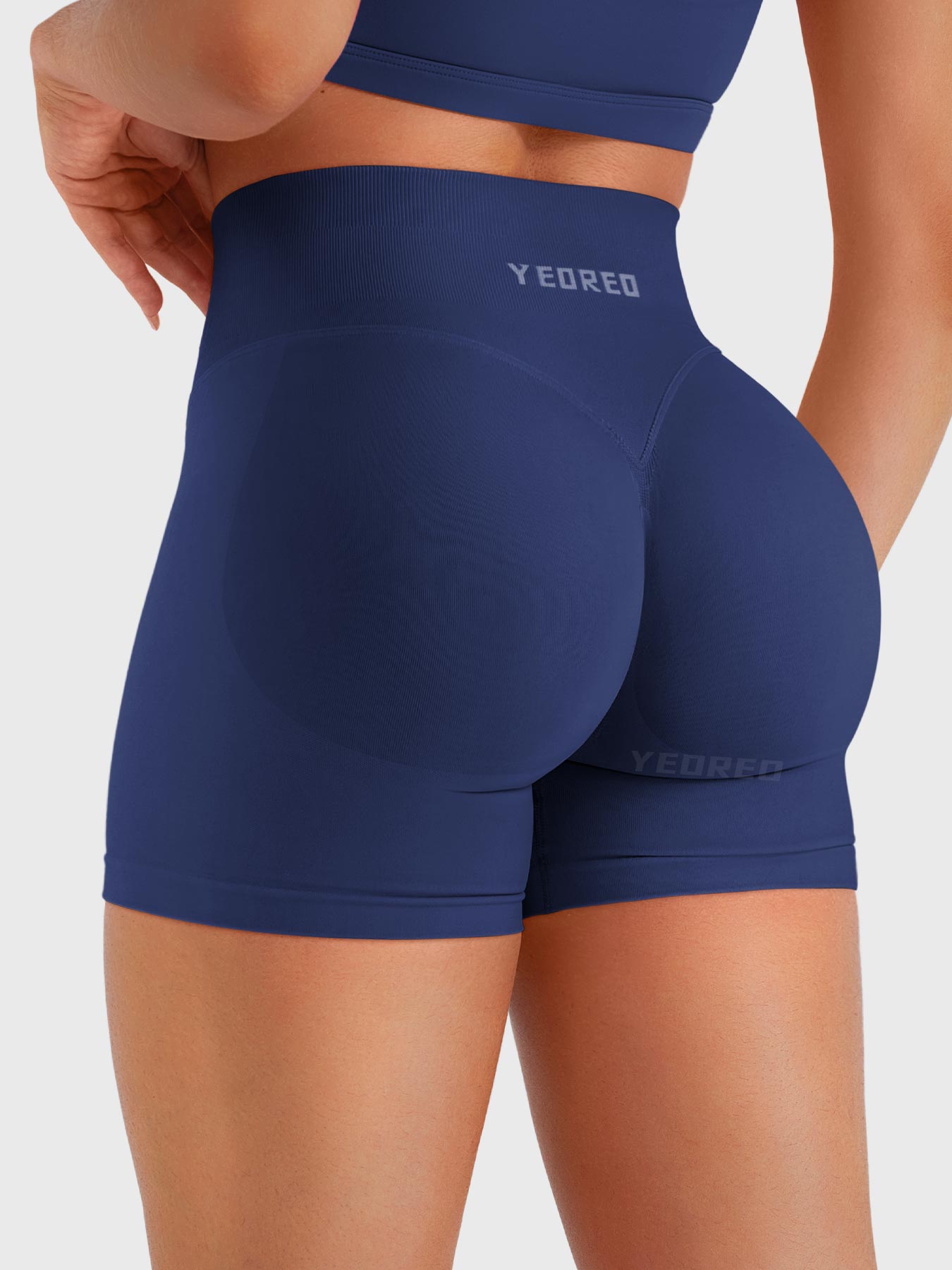 Dark Blue Baderiy 4.5" seamless shorts back view, subtle glute shaping for a lifted look