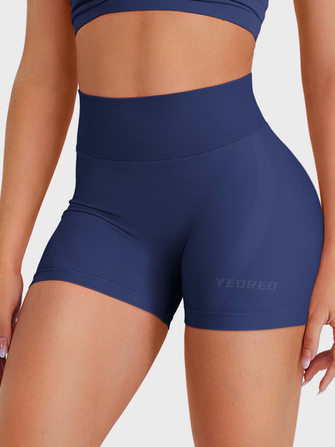 Dark Blue Baderiy 4.5" seamless shorts front angle, high-rise waistband providing core control without front seam