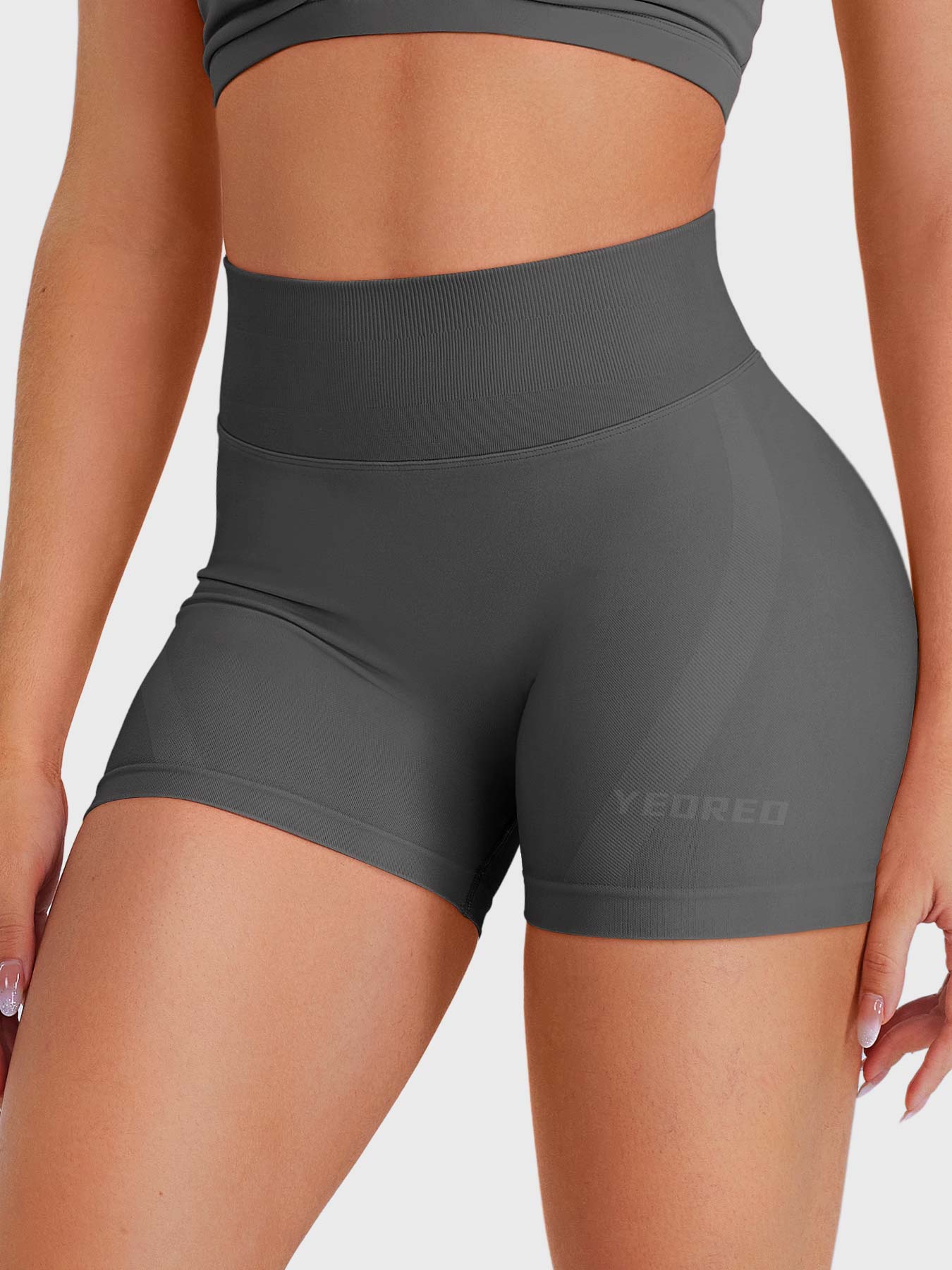 Dark Grey Baderiy 4.5" seamless shorts front angle, high-rise waistband with no front seam for clean fit