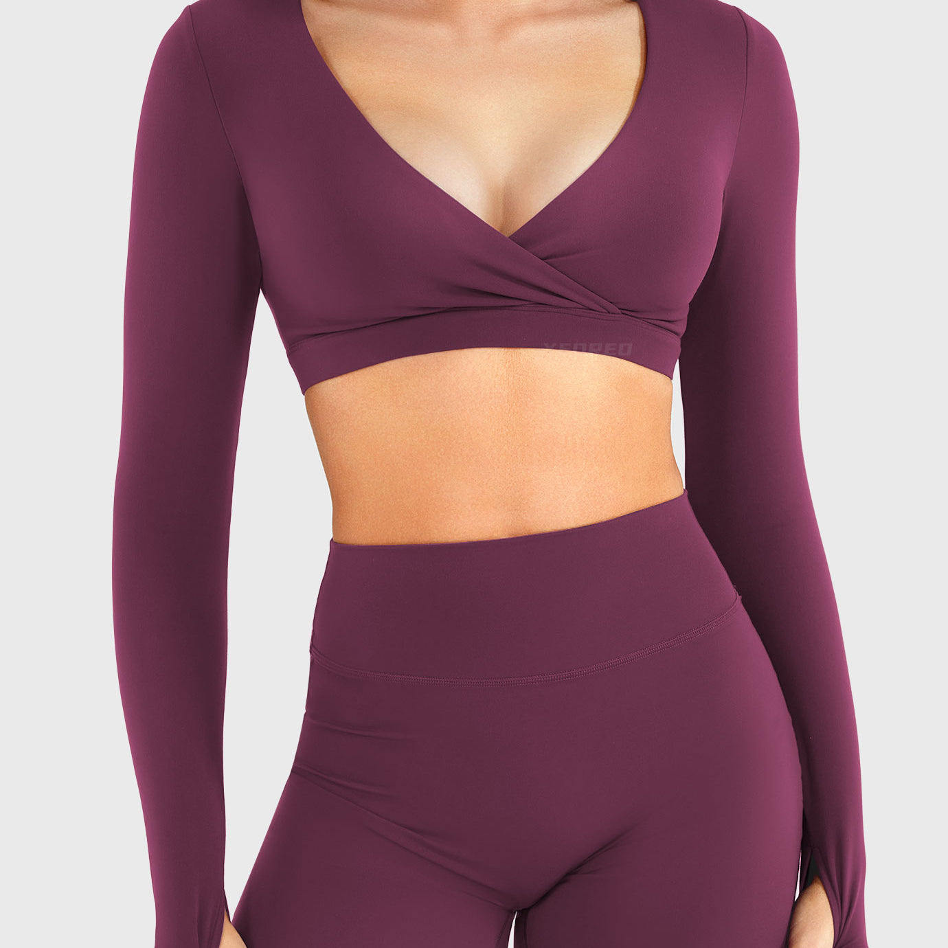 Black Cherry Arleney V-Neck Long Sleeve Top front standing view