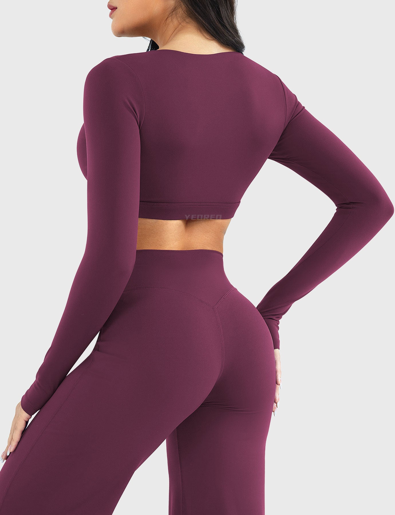 Black Cherry Arleney V-Neck Long Sleeve Top angled front side view