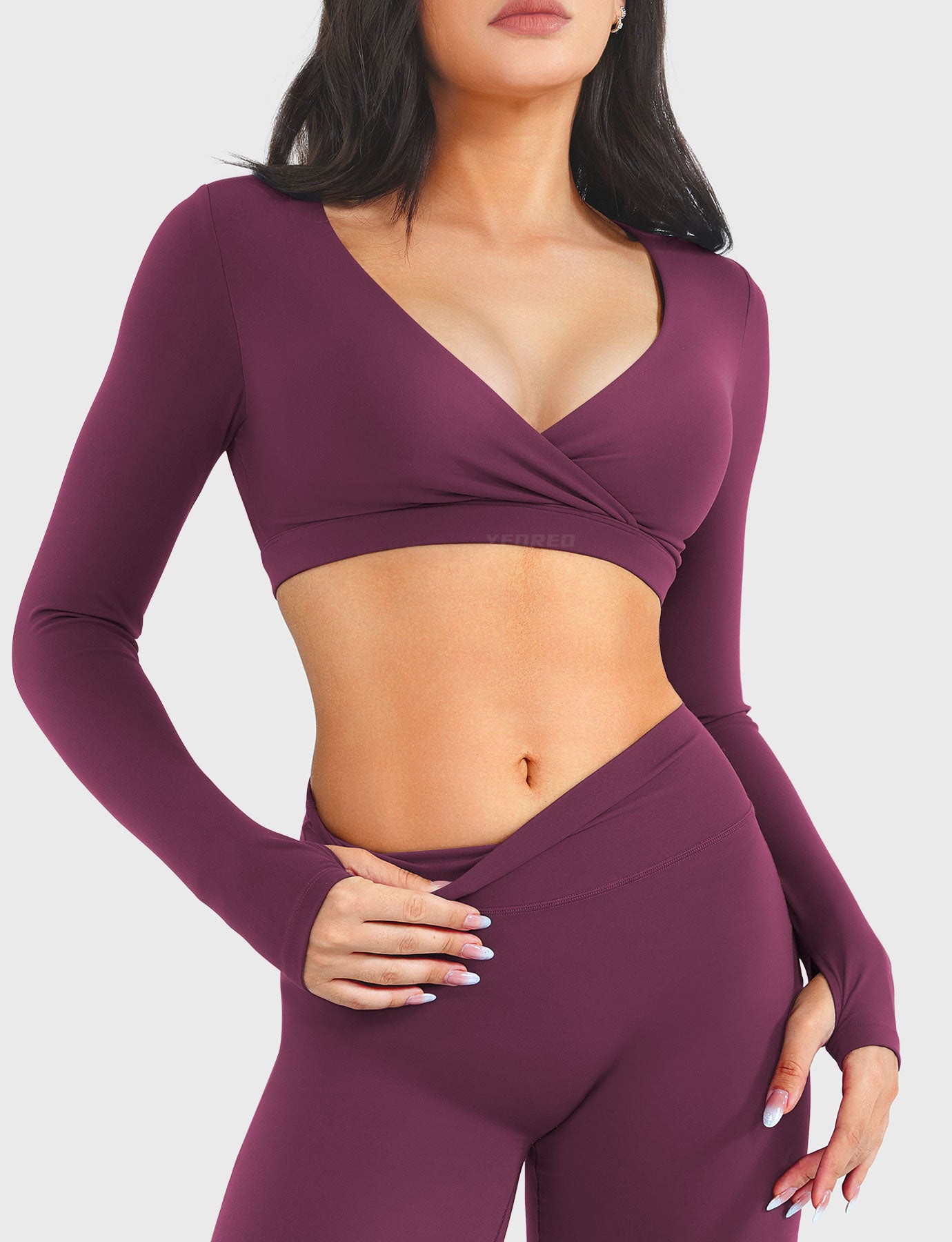 Black Cherry Arleney V-Neck Long Sleeve Top front pose view