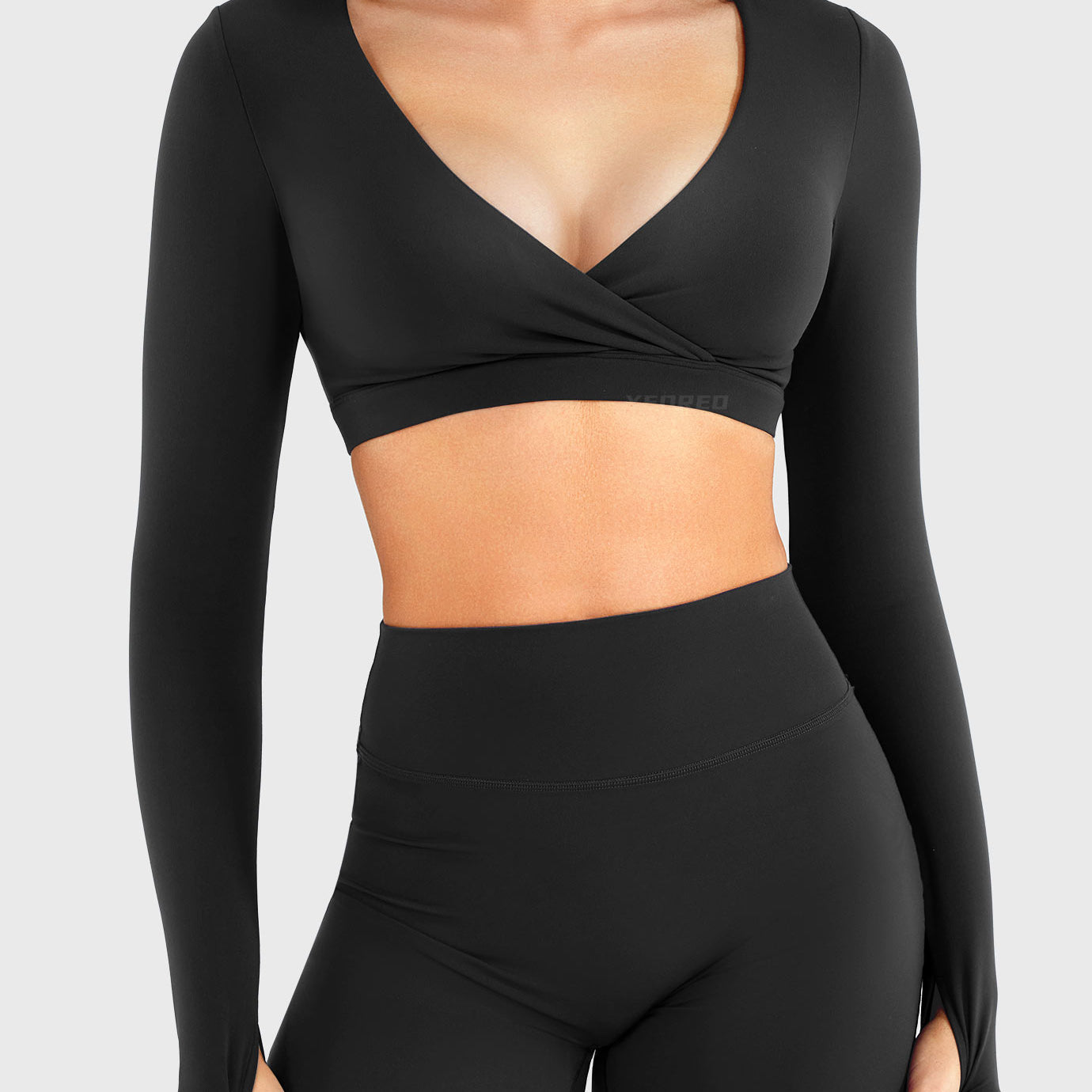 Black Arleney V-Neck Long Sleeve Top front standing view