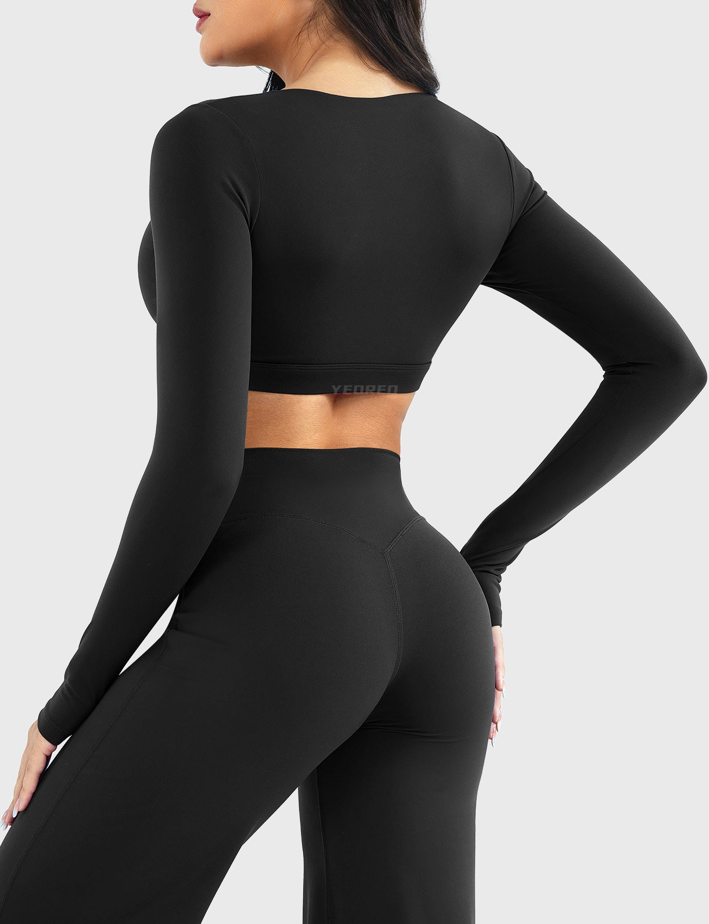 Black Arleney V-Neck Long Sleeve Top angled front side view