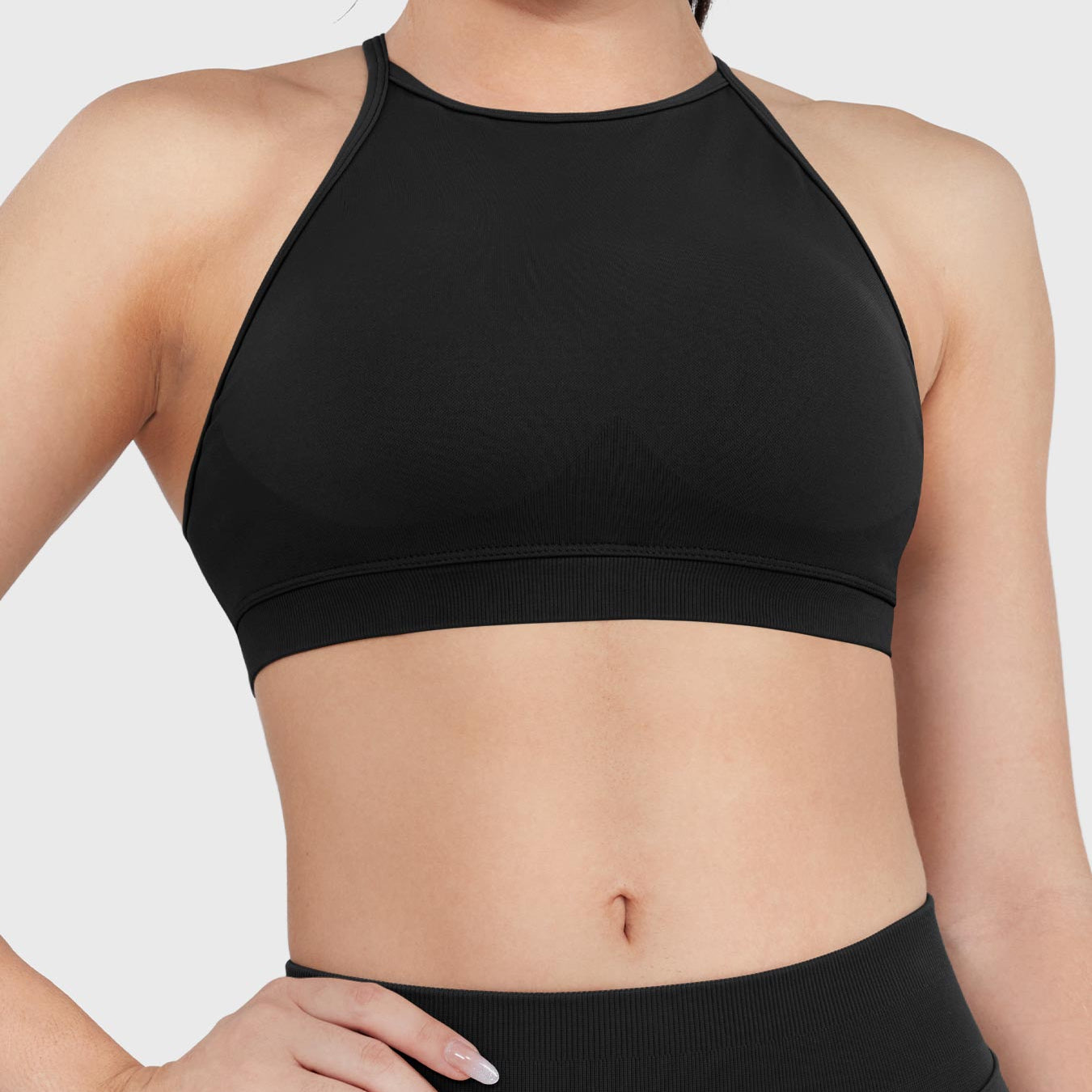 Acuffny High Neck Backless Sports Bra in black, front view upper body, high neckline, ribbed elastic band, secure full coverage fit