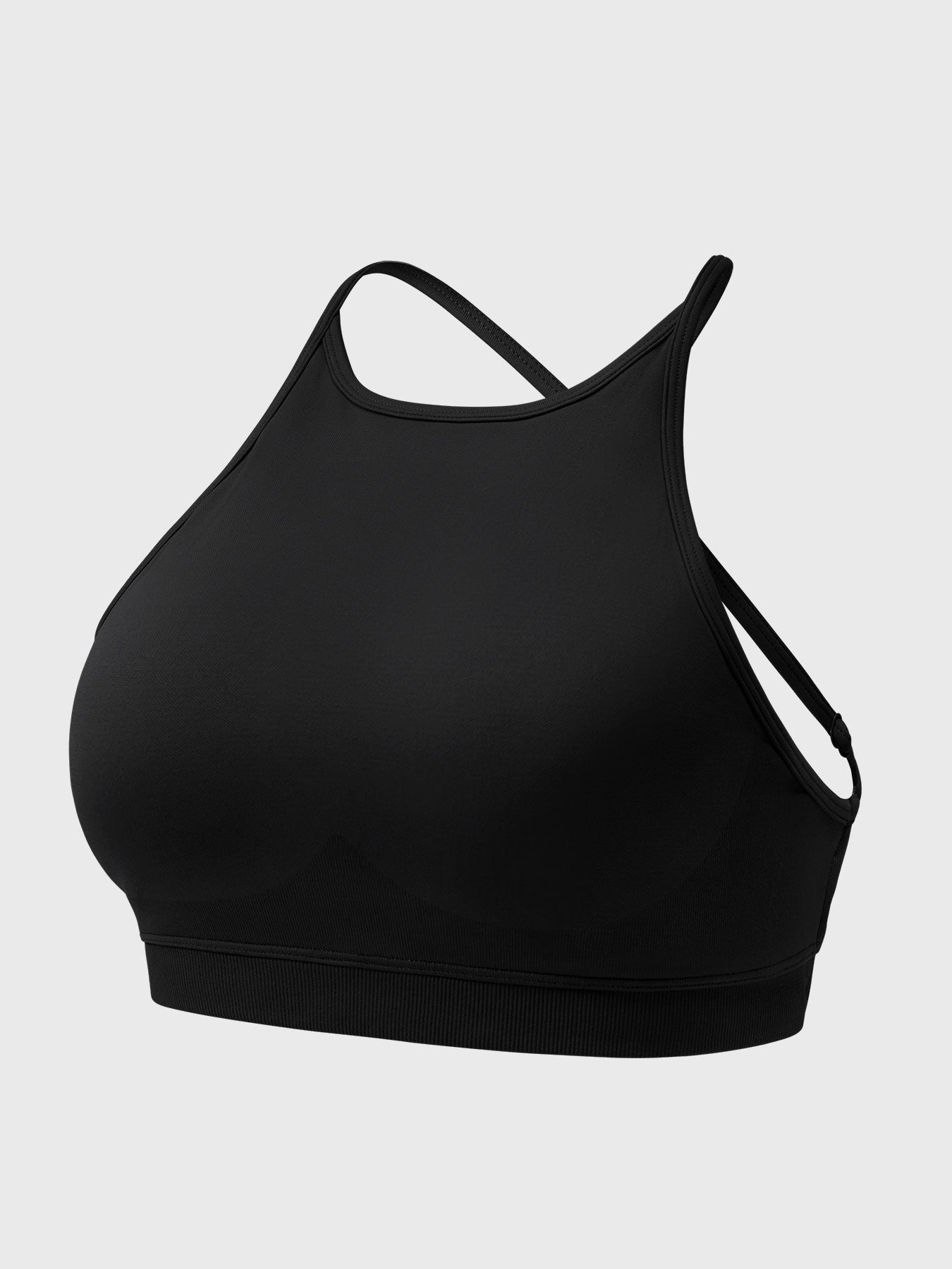 Acuffny High Neck Backless Sports Bra in black, 3D model angled front view, high neck front and open back structure