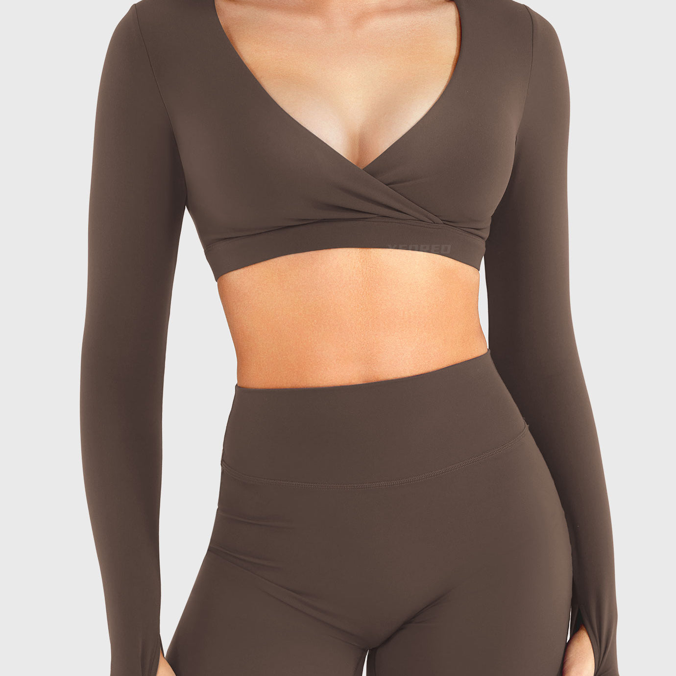 Coffee Arleney V-Neck Long Sleeve Top front standing view