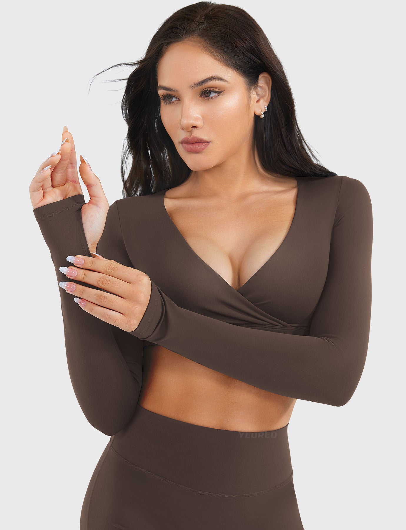 Coffee Arleney V-Neck Long Sleeve Top v-neck and thumbhole detail