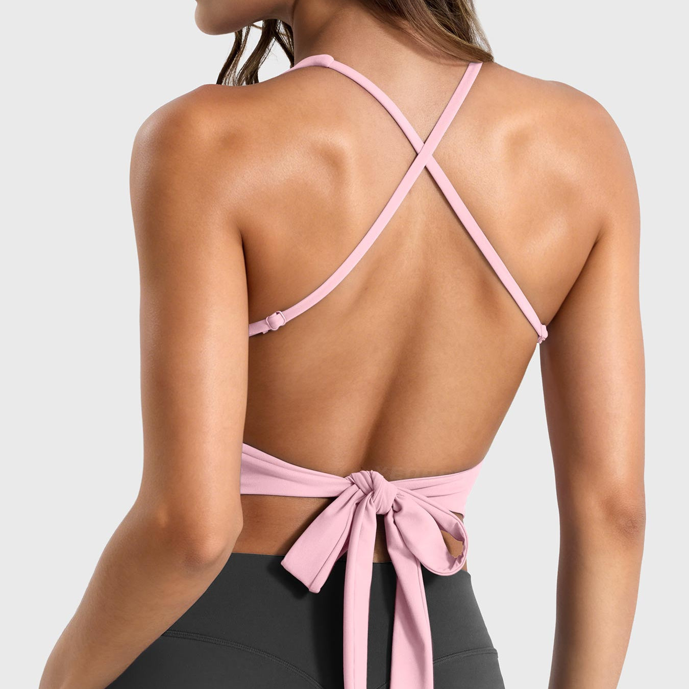 Light Pink Yeoreo Kagina backless tie back active tank back view, bow tie open back design with adjustable straps