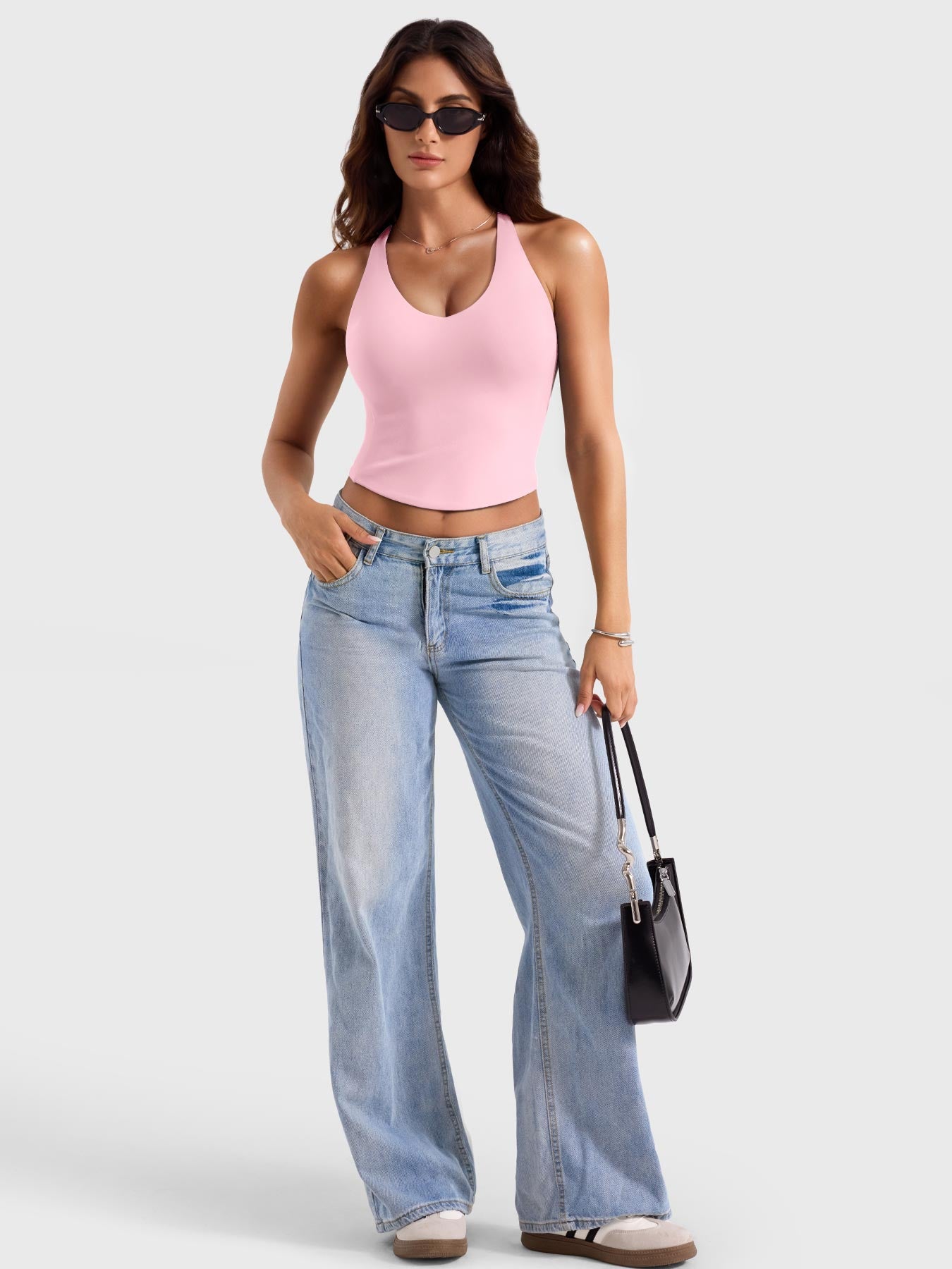 Light Pink Yeoreo Kagina active tank full body view, everyday activewear styling with a sculpting fit