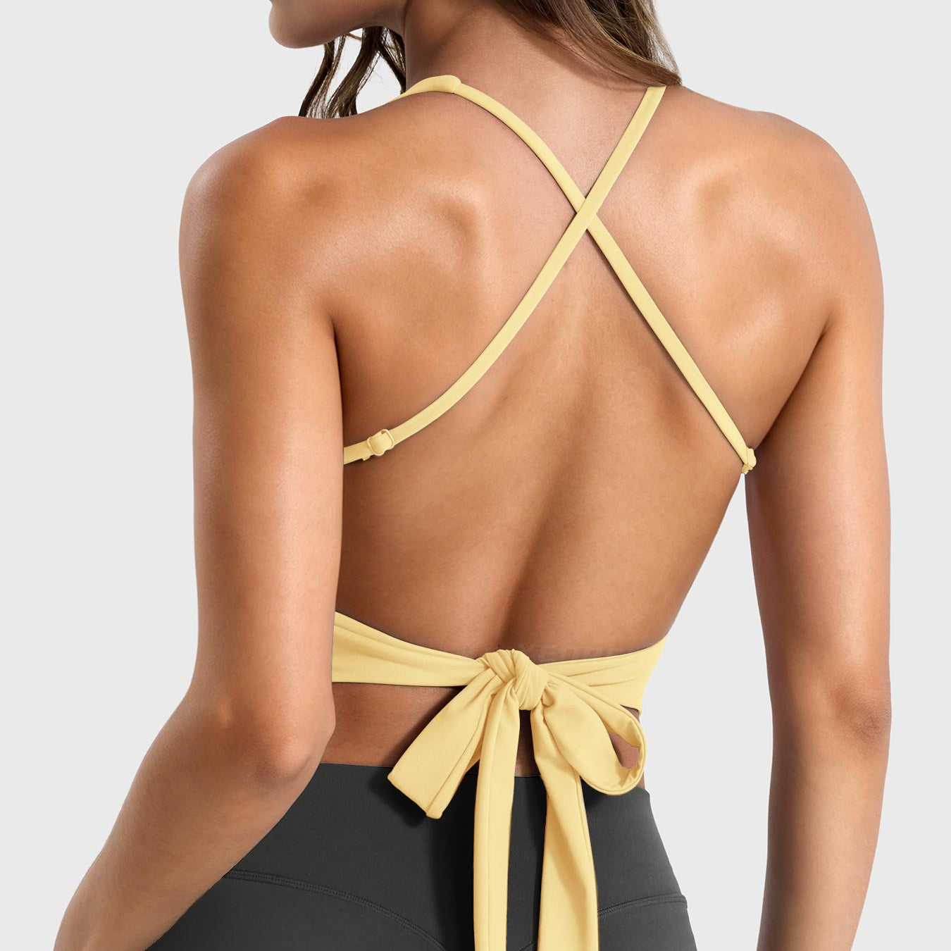 Milk Yellow Yeoreo Kagina backless tie back active tank back view, open back with adjustable bow tie and spaghetti straps